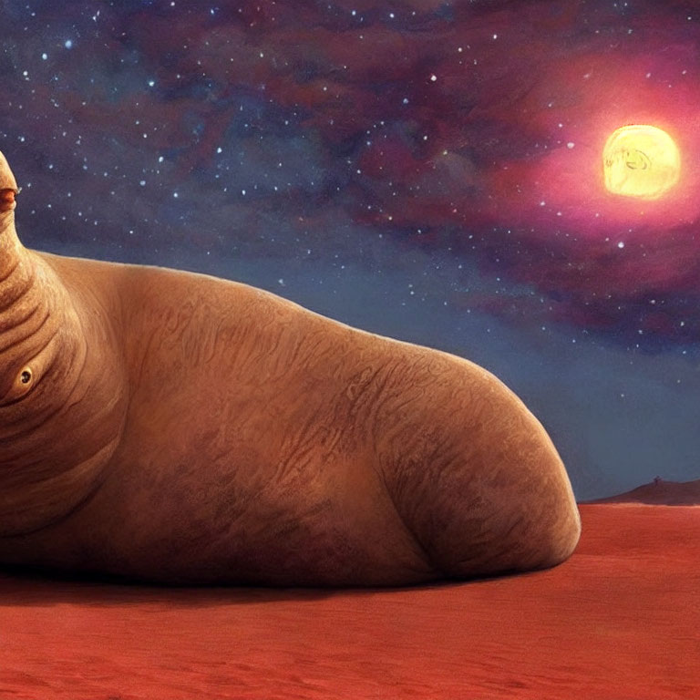 Cartoon walrus relaxing on sandy terrain under starry sky with whimsical sun