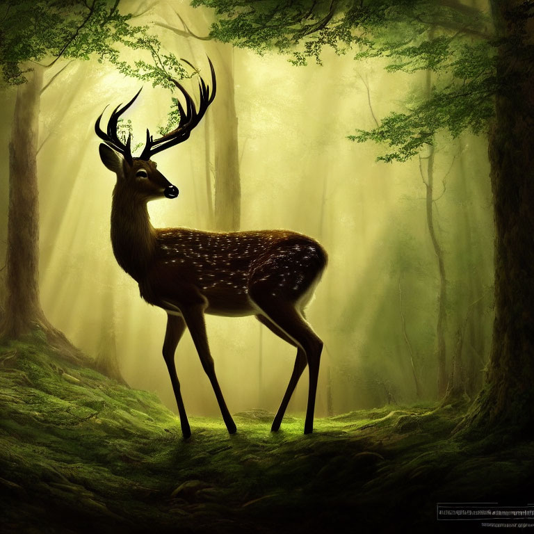 Spotted deer with antlers in sunlit forest among tall trees