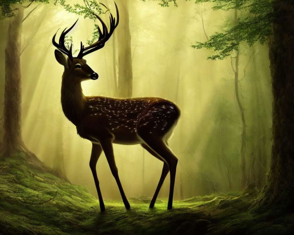 Spotted deer with antlers in sunlit forest among tall trees