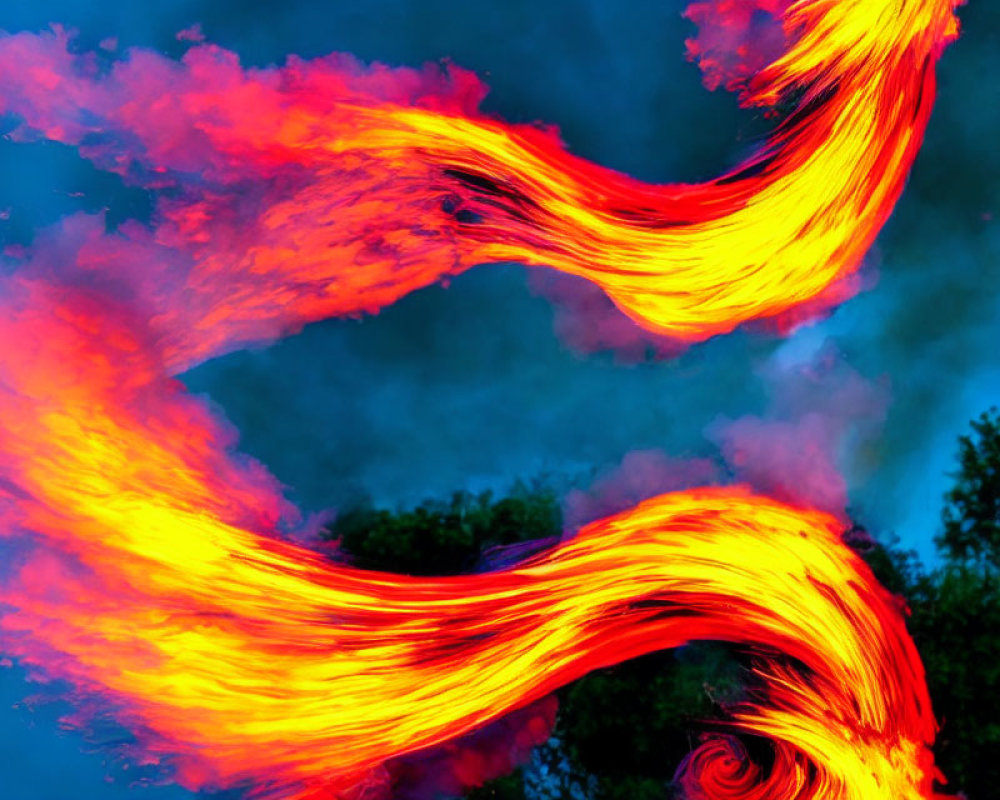 Colorful red and orange swirls against a blue sky with tree silhouettes