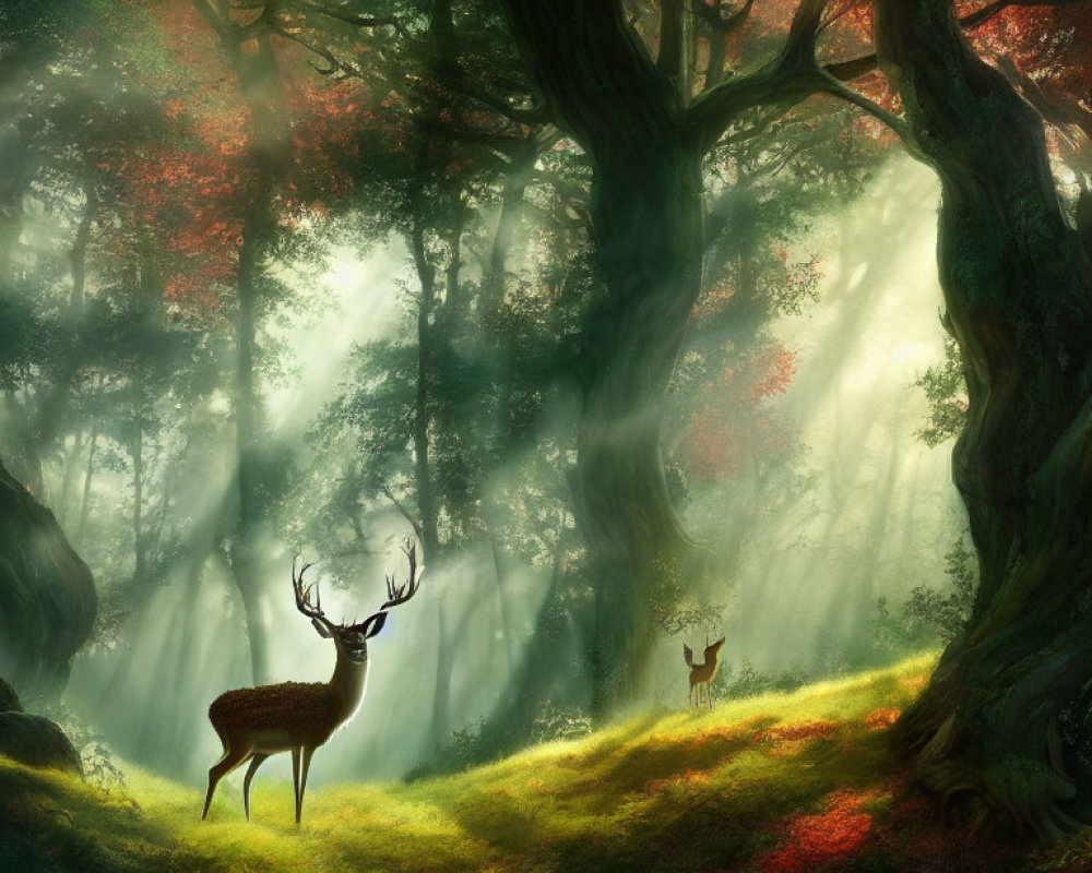 Tranquil forest scene with sunbeams, stag, and doe in vibrant setting