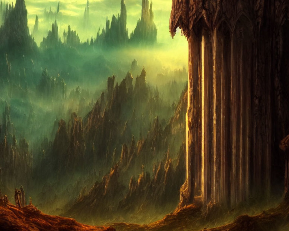 Mystical forest with towering trees and rocky terrain in warm sunlight