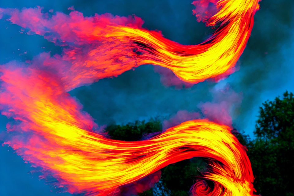 Colorful red and orange swirls against a blue sky with tree silhouettes