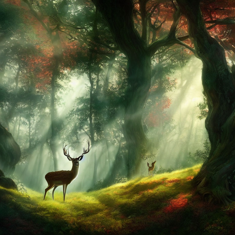 Tranquil forest scene with sunbeams, stag, and doe in vibrant setting