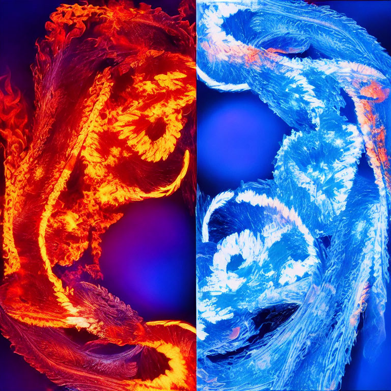 Vivid red and blue swirling textures on dark background symbolize fire and ice