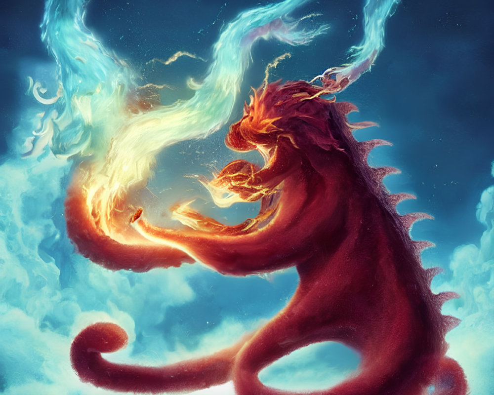 Fiery red dragon battles water dragon in elemental clash