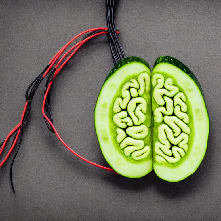 Cucumber halves carved like brain with wires on gray background