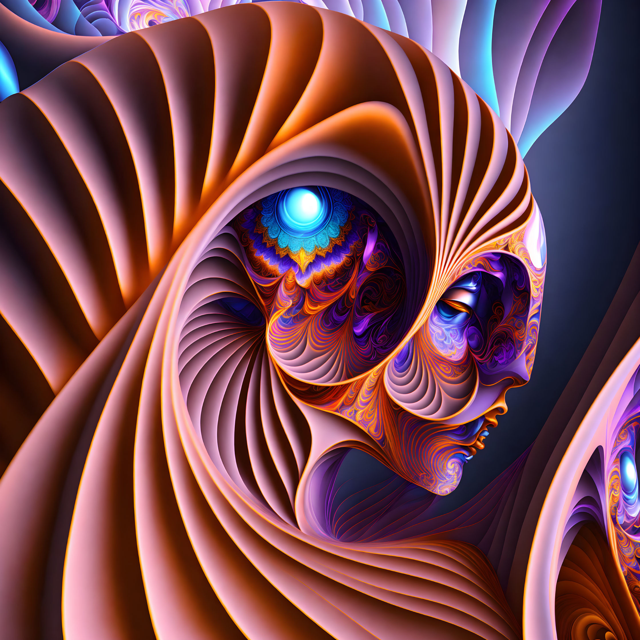 Colorful digital artwork featuring fractal female faces with intricate patterns and luminous eyes