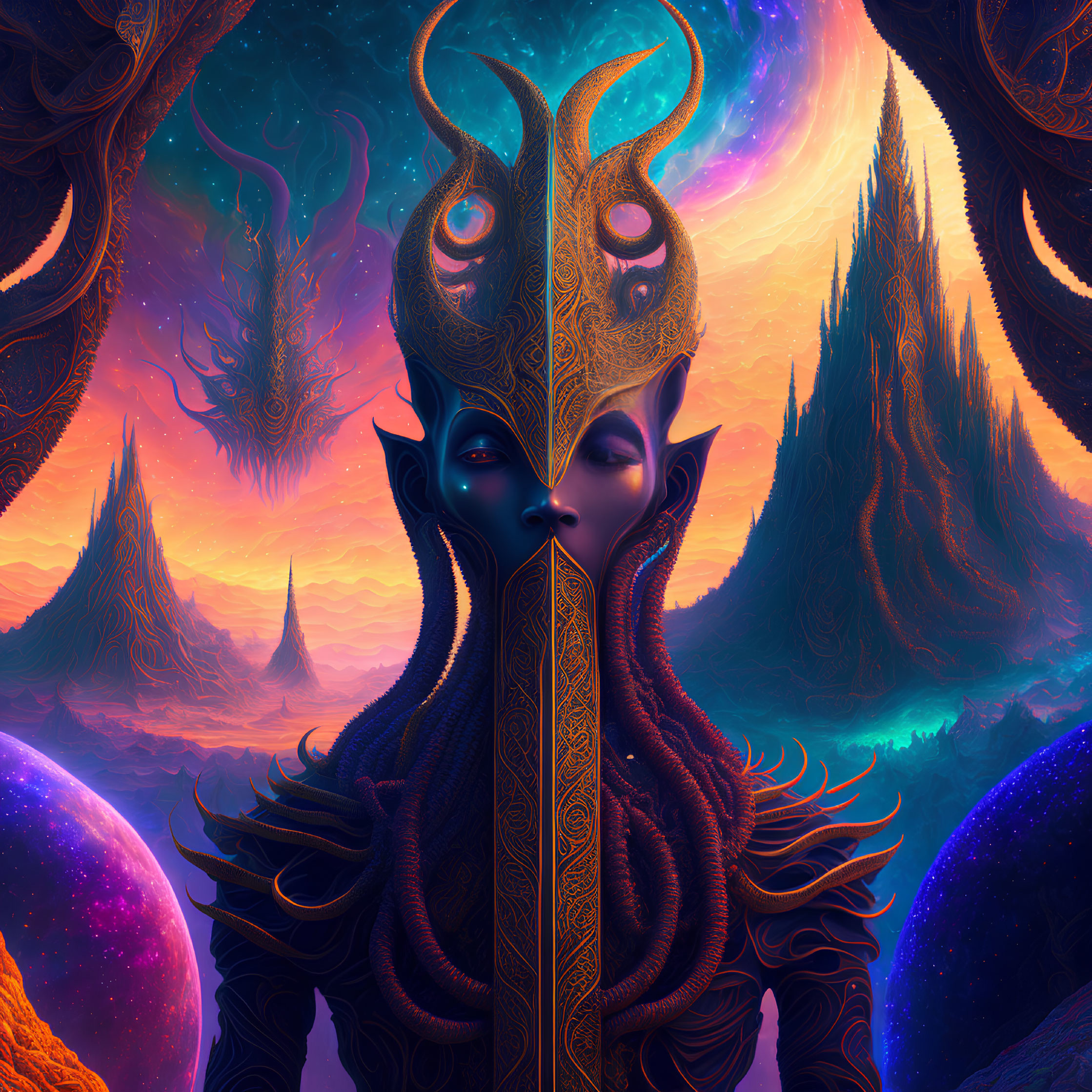 Surrealist humanoid figure in ornate headgear on vibrant alien landscape