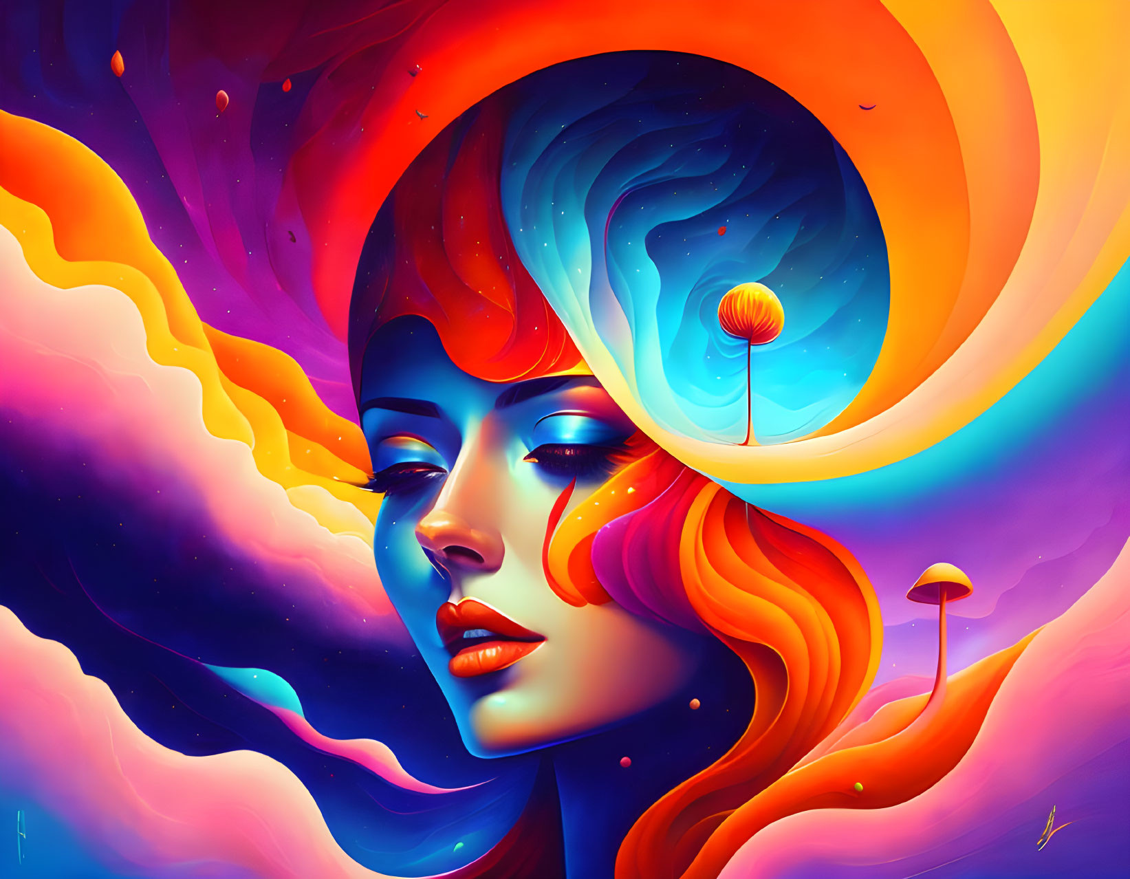 Digital Art: Woman's Face with Cosmic, Psychedelic Elements