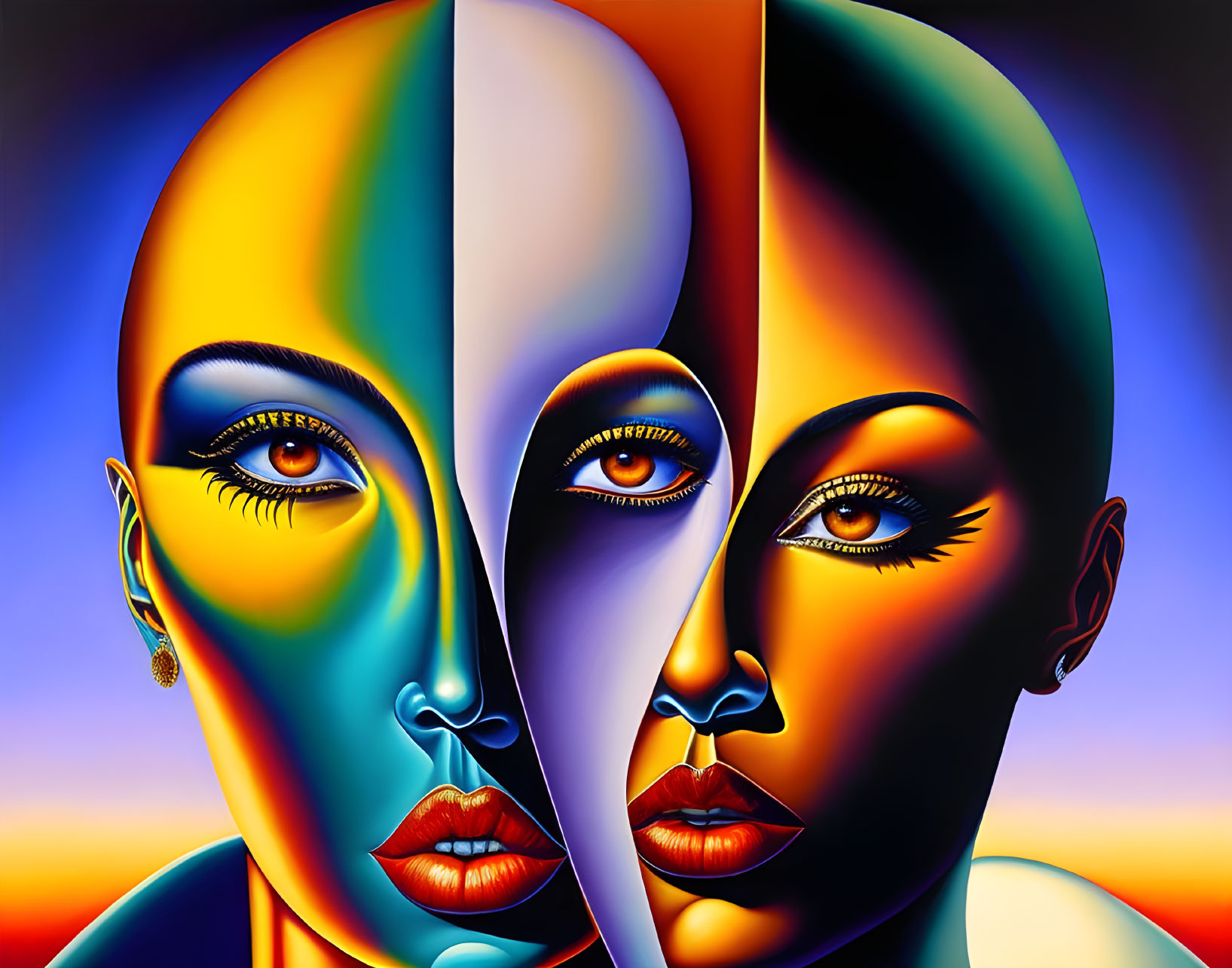 Surreal artwork: Two faces merged, colorful profile on gradient.