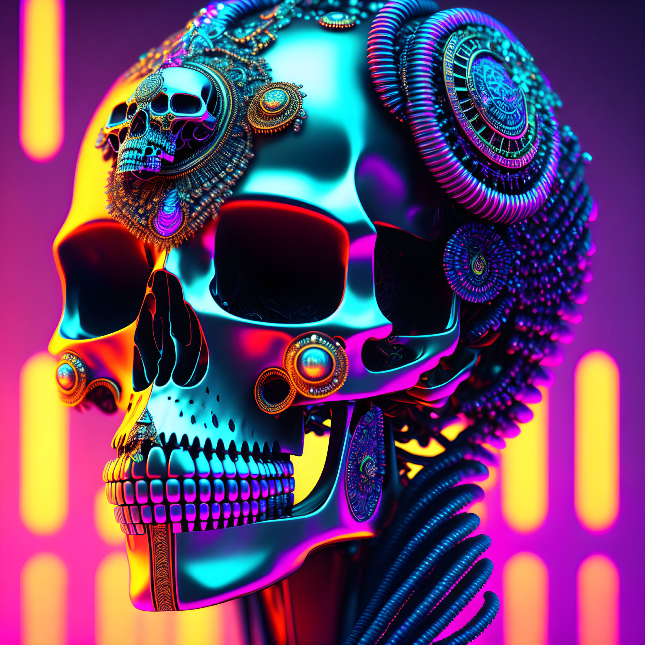 Colorful digital art: Skull with metallic patterns on neon backdrop