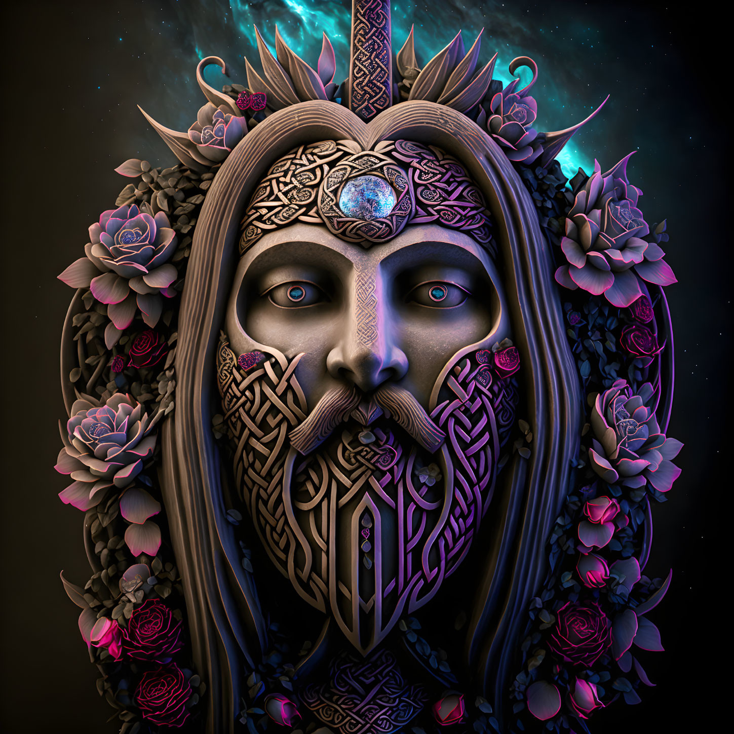 Detailed Stylized Male Face with Celtic Patterns, Roses, and Celestial Background