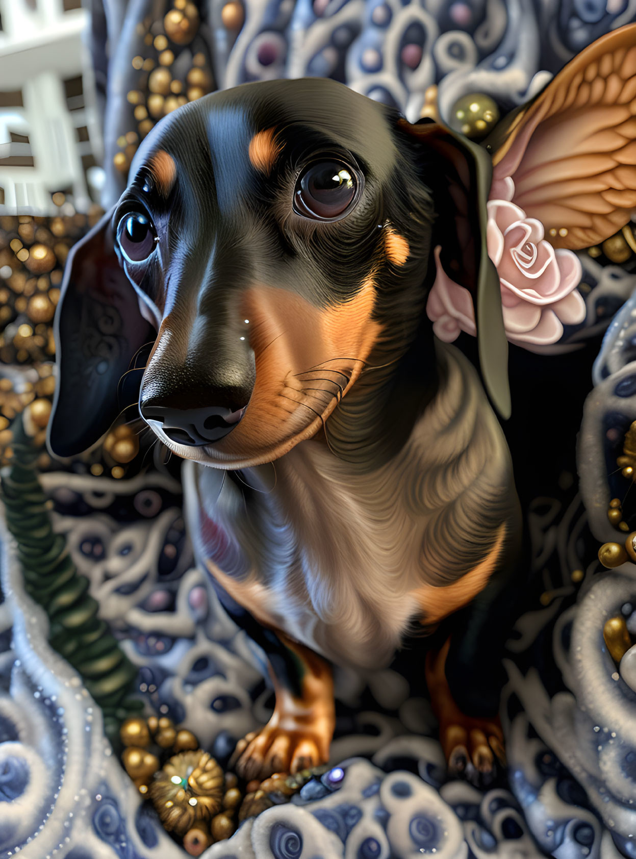 Digitally illustrated winged dachshund on floral and pearl background