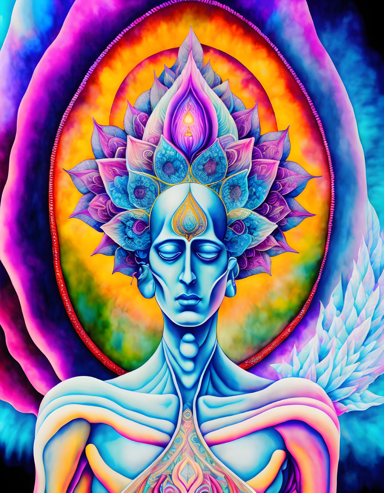 Colorful Psychedelic Figure with Lotus Crowns and Chakras on Fractal Background