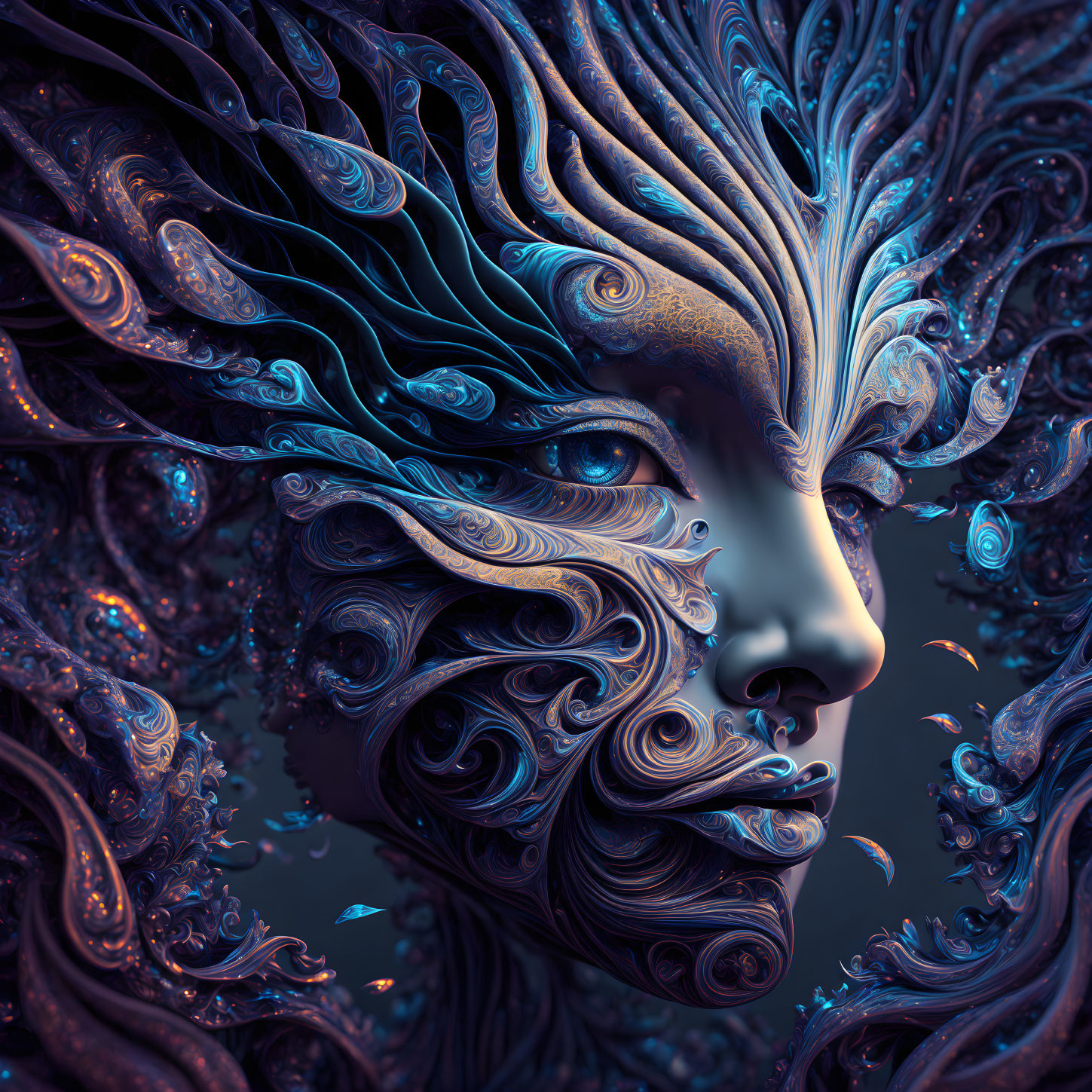 Surreal ornate face with intricate blue patterns