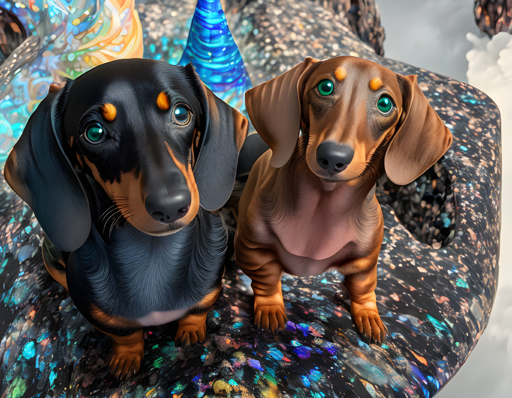 Glossy animated dachshund dogs on multicolored surface with blue tree