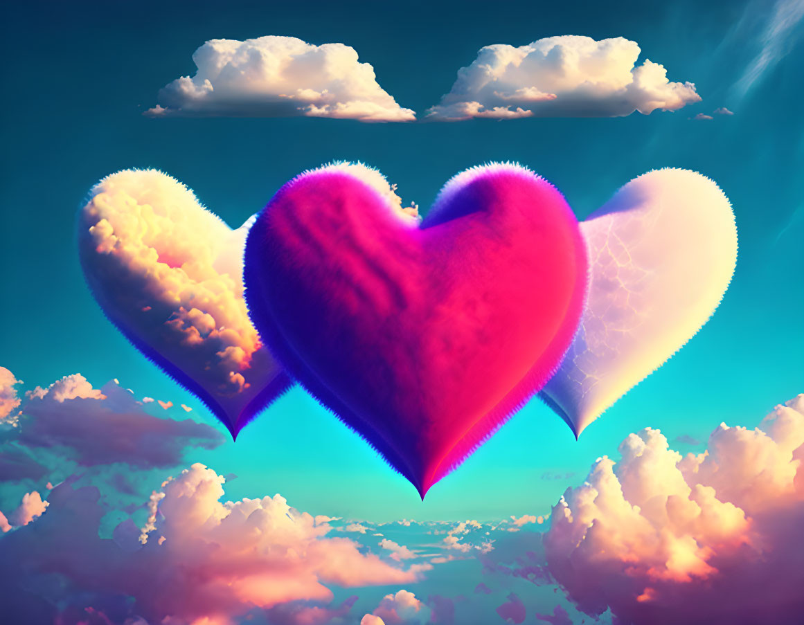 Colorful Digital Artwork: Pink Heart with Clouds on Blue Sky