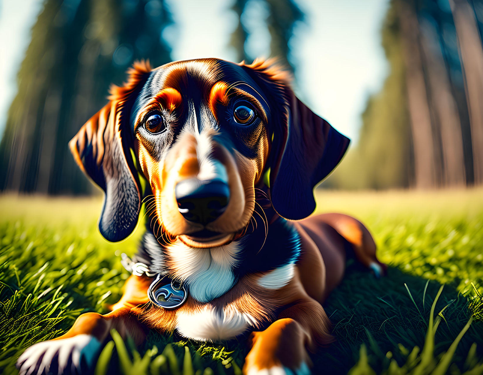 Brown and Black Dachshund with Big Eyes on Green Grass