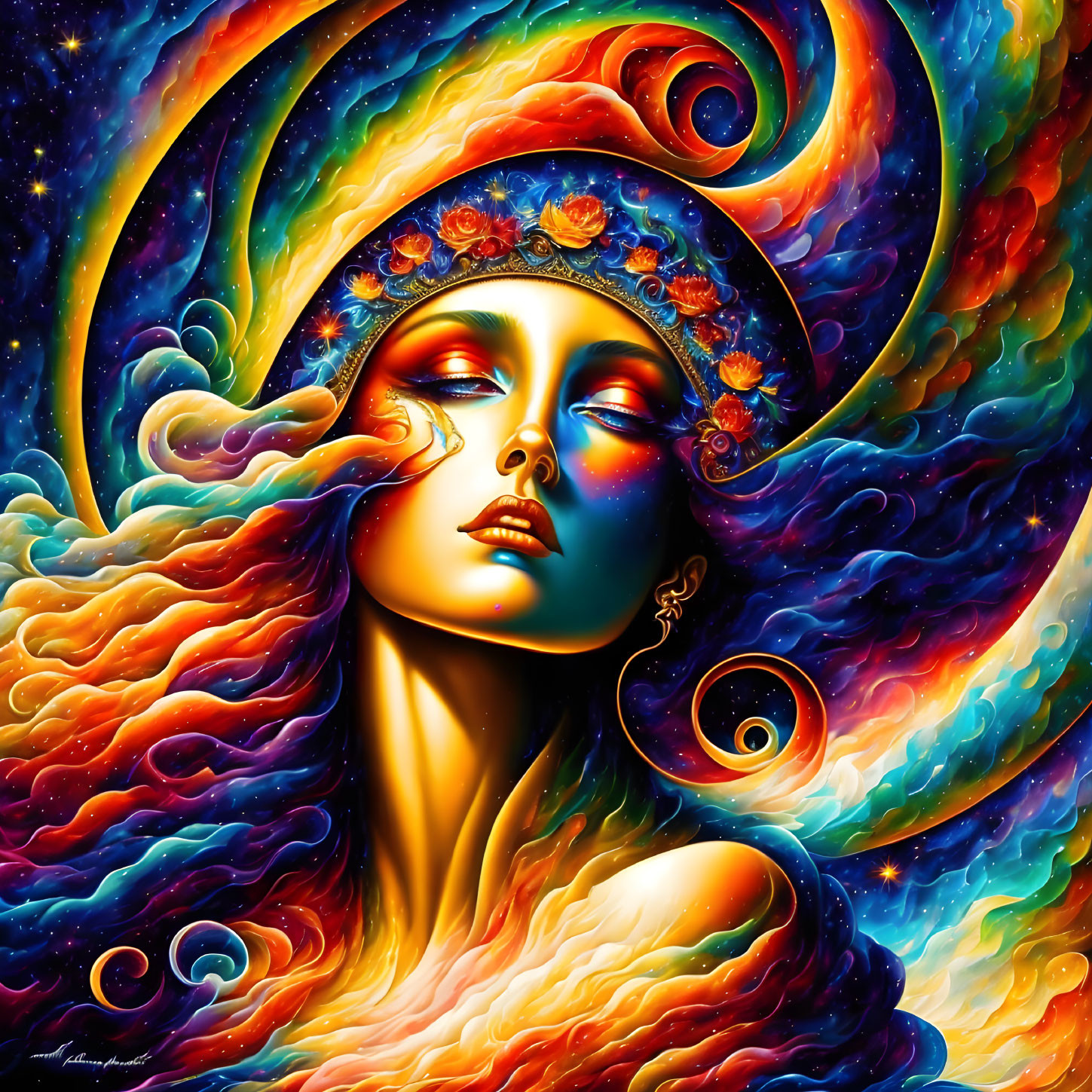 Cosmic-themed artwork featuring a woman with swirling galaxy hair