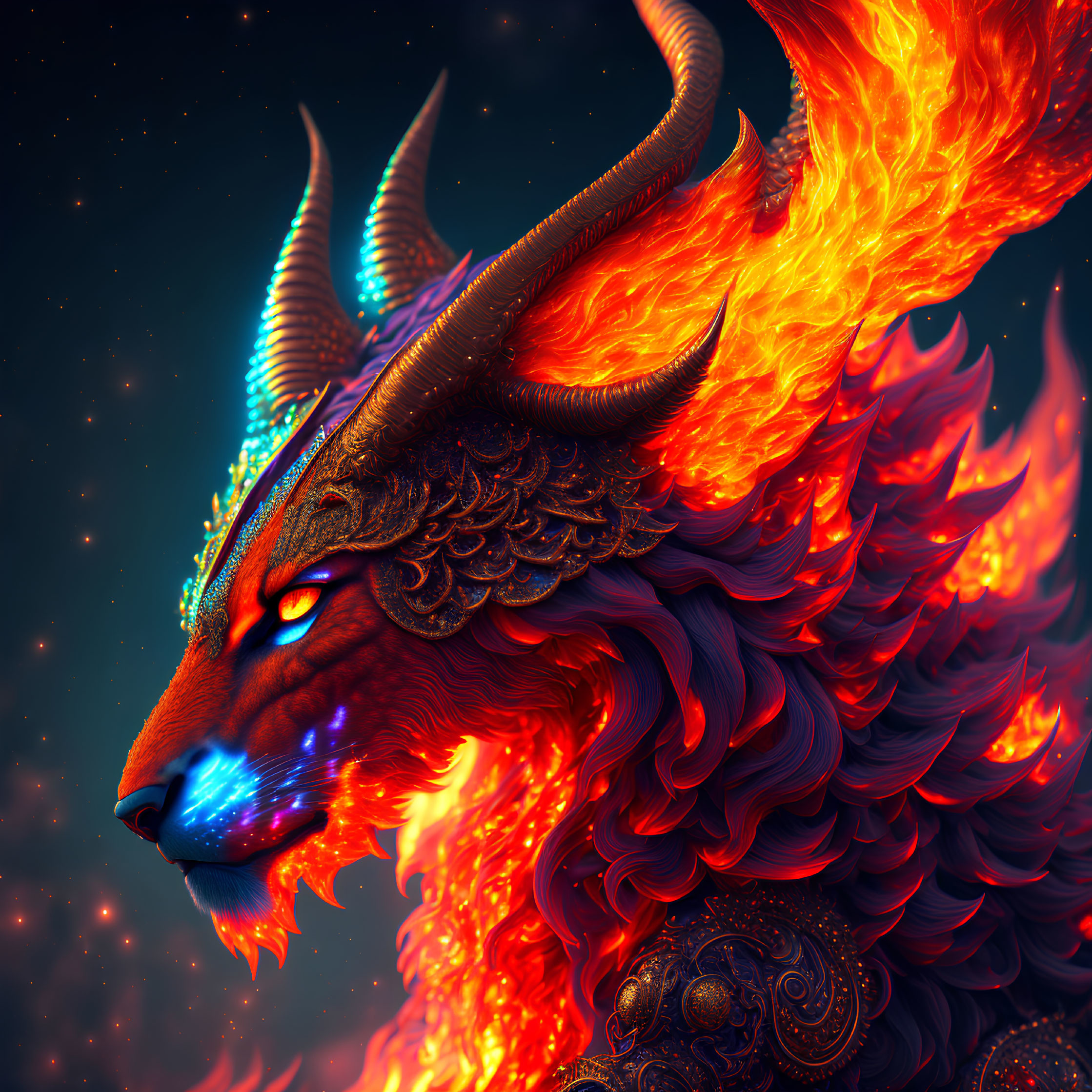 Fiery Beast with Horns and Flame Mane on Starry Background