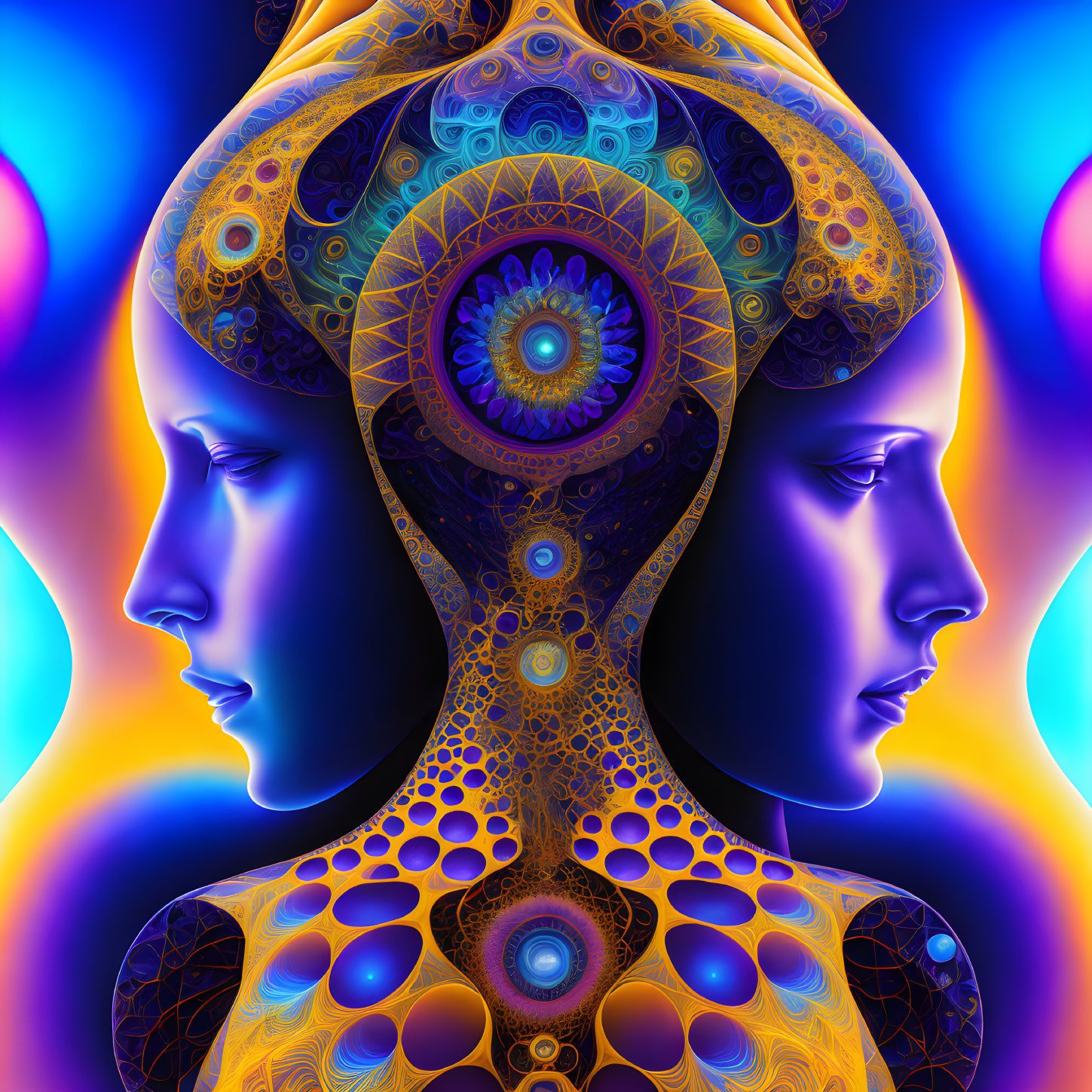 Vibrant digital artwork: Mirrored woman profiles in colorful mandala backdrop