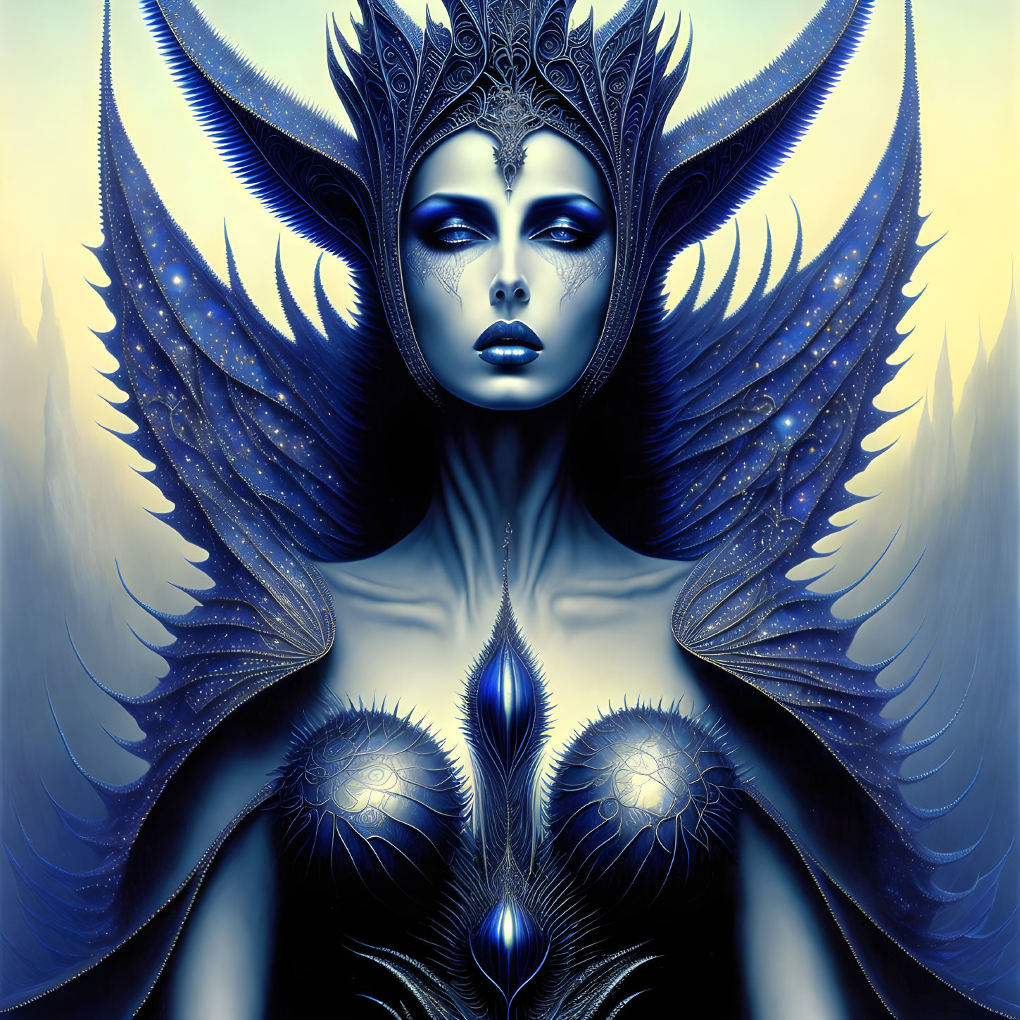 Symmetrical digital artwork of character with blue and black plumage and elaborate headdress