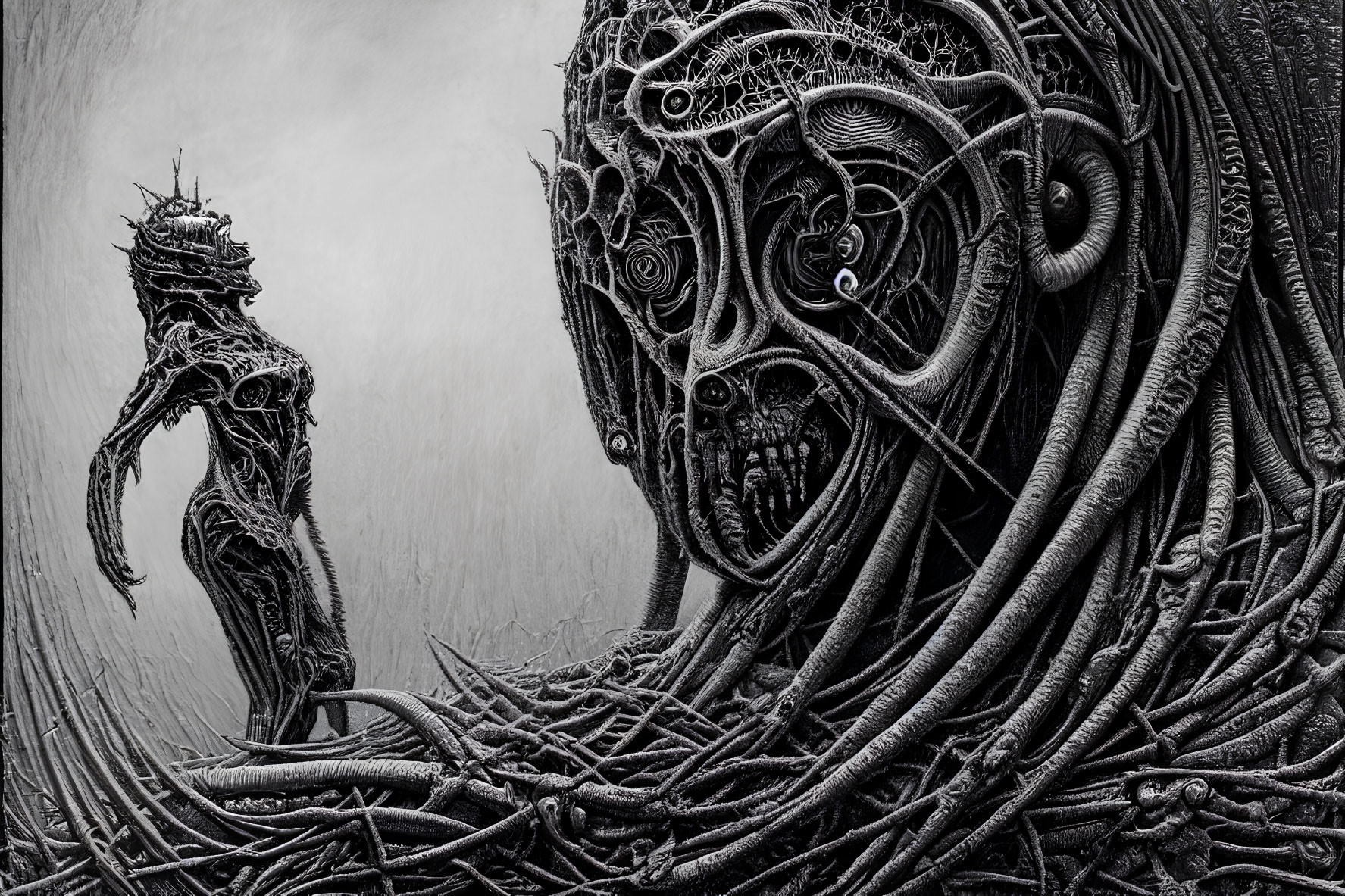 Monochrome surreal artwork: intricate figure with tentacle-like features and humanoid silhouette on textured background