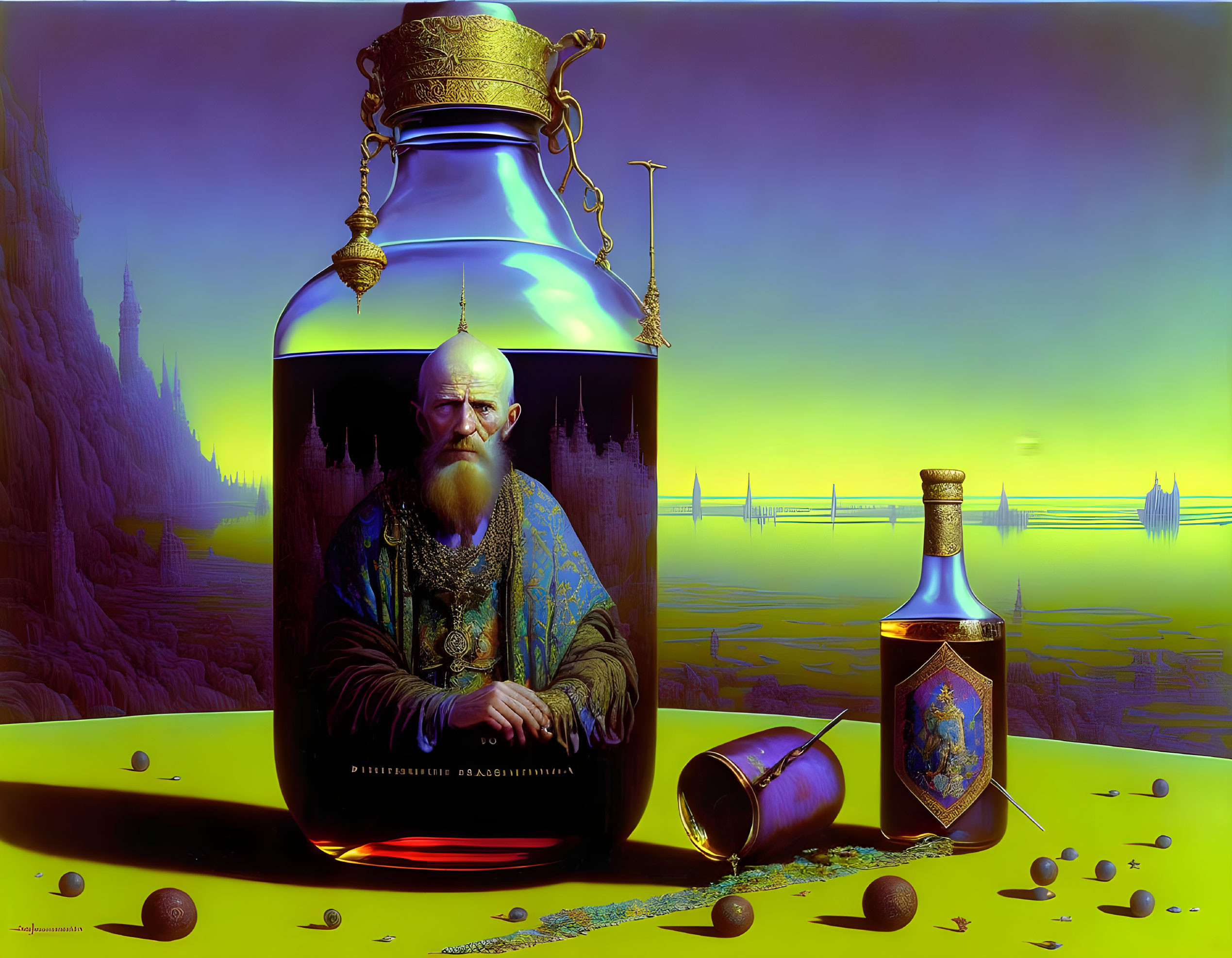 Man with beard in large bottle surrounded by surreal landscape with smaller bottle, cup, and spilled beans.