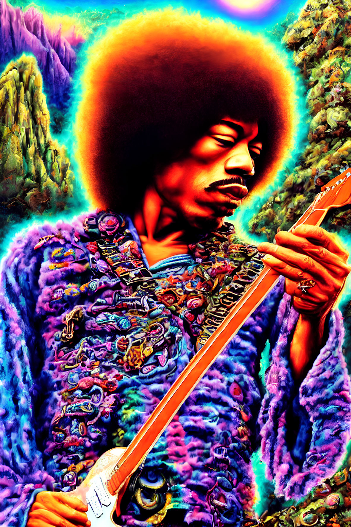 Colorful Illustration of Man with Afro Playing Guitar