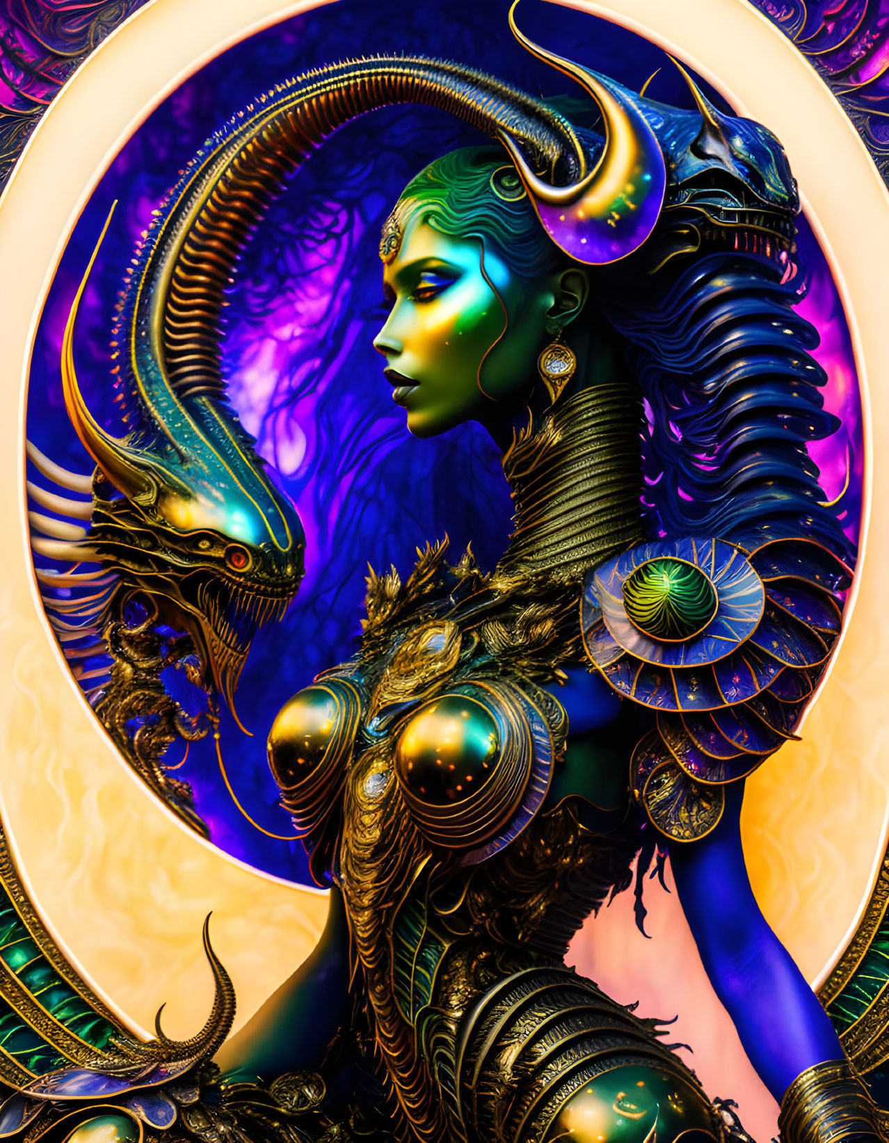 Vibrant digital artwork of female figure in blue skin with ornate golden armor and serpentine