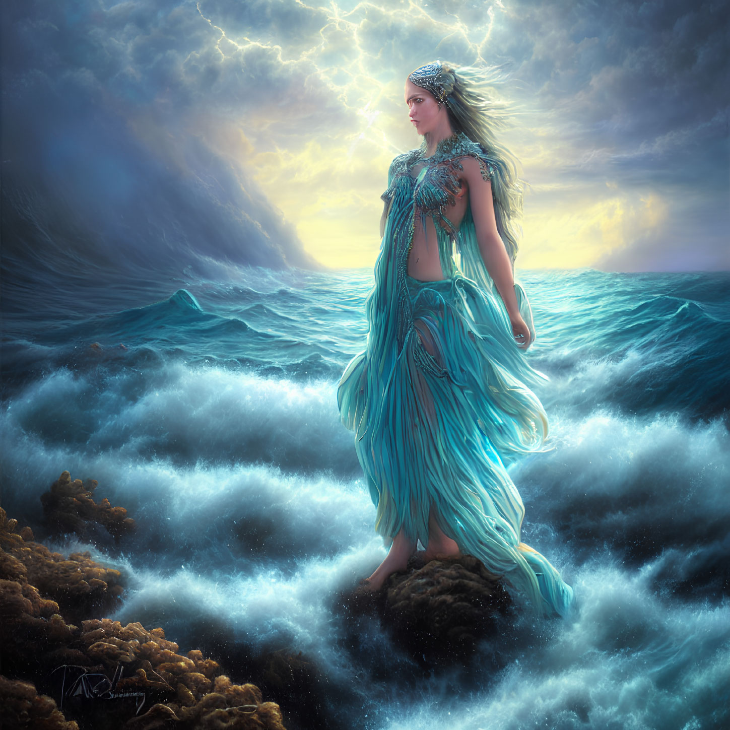 Mystical woman in teal dress under stormy sky with lightning