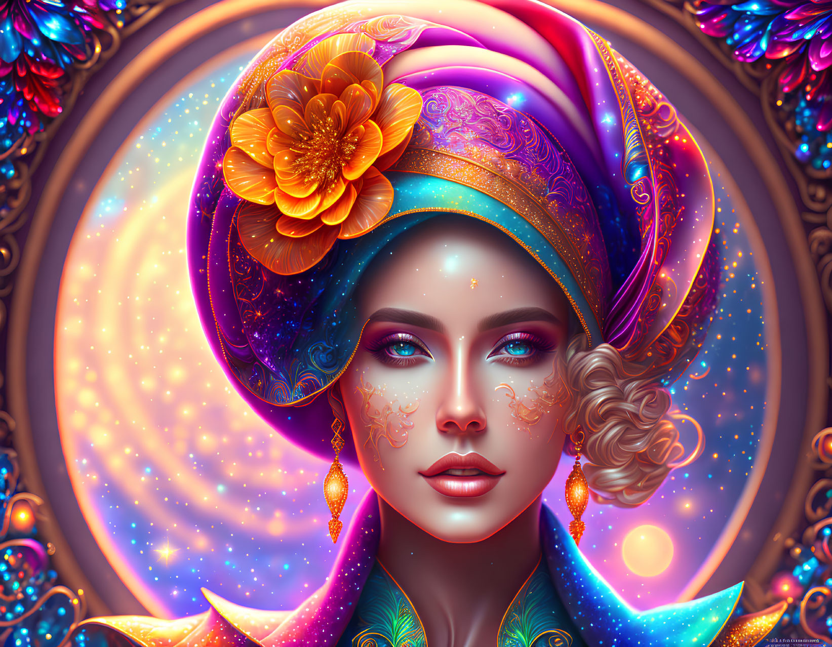 Cosmic-themed woman portrait with ornate headdress and starry background