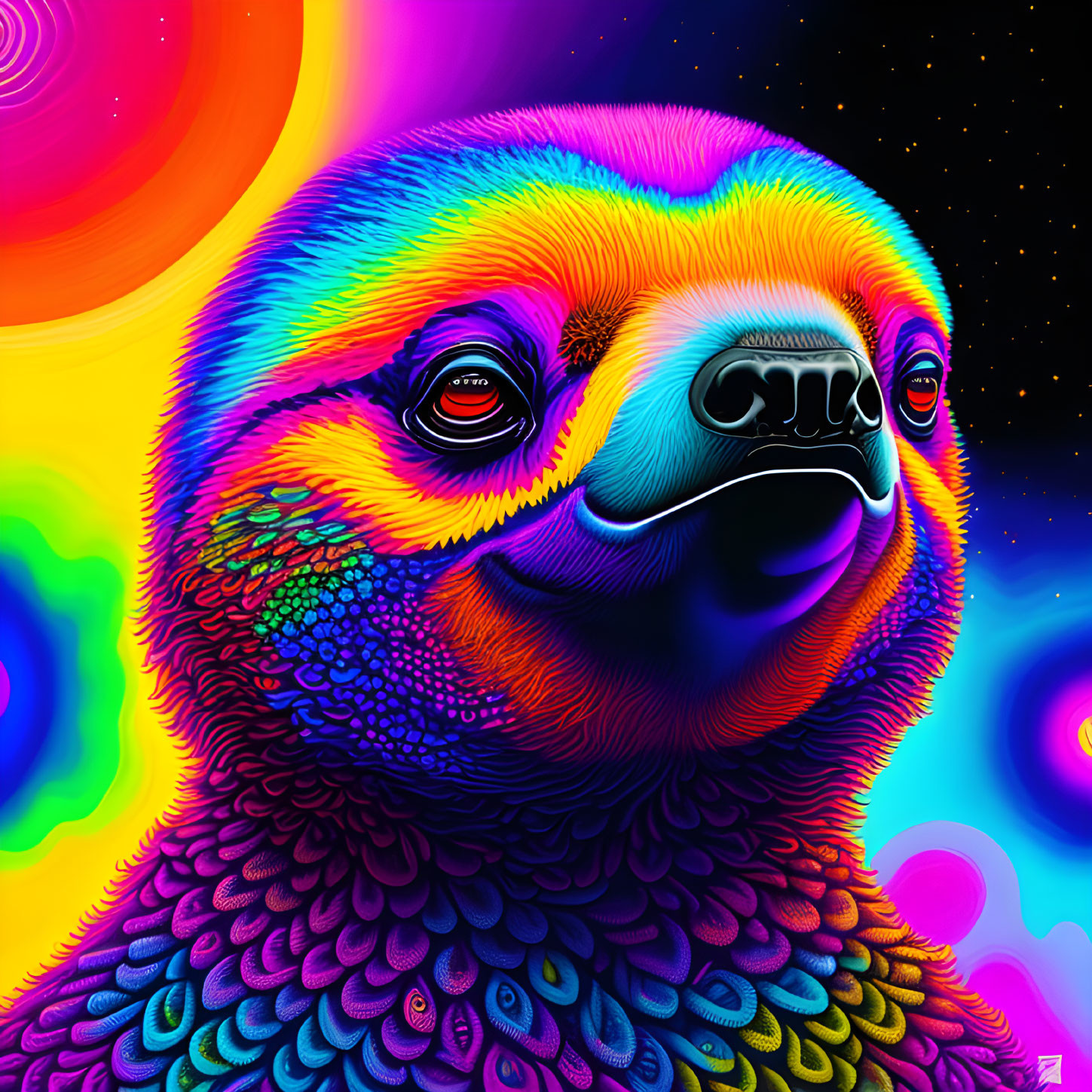 Colorful Psychedelic Sloth Art on Neon Background