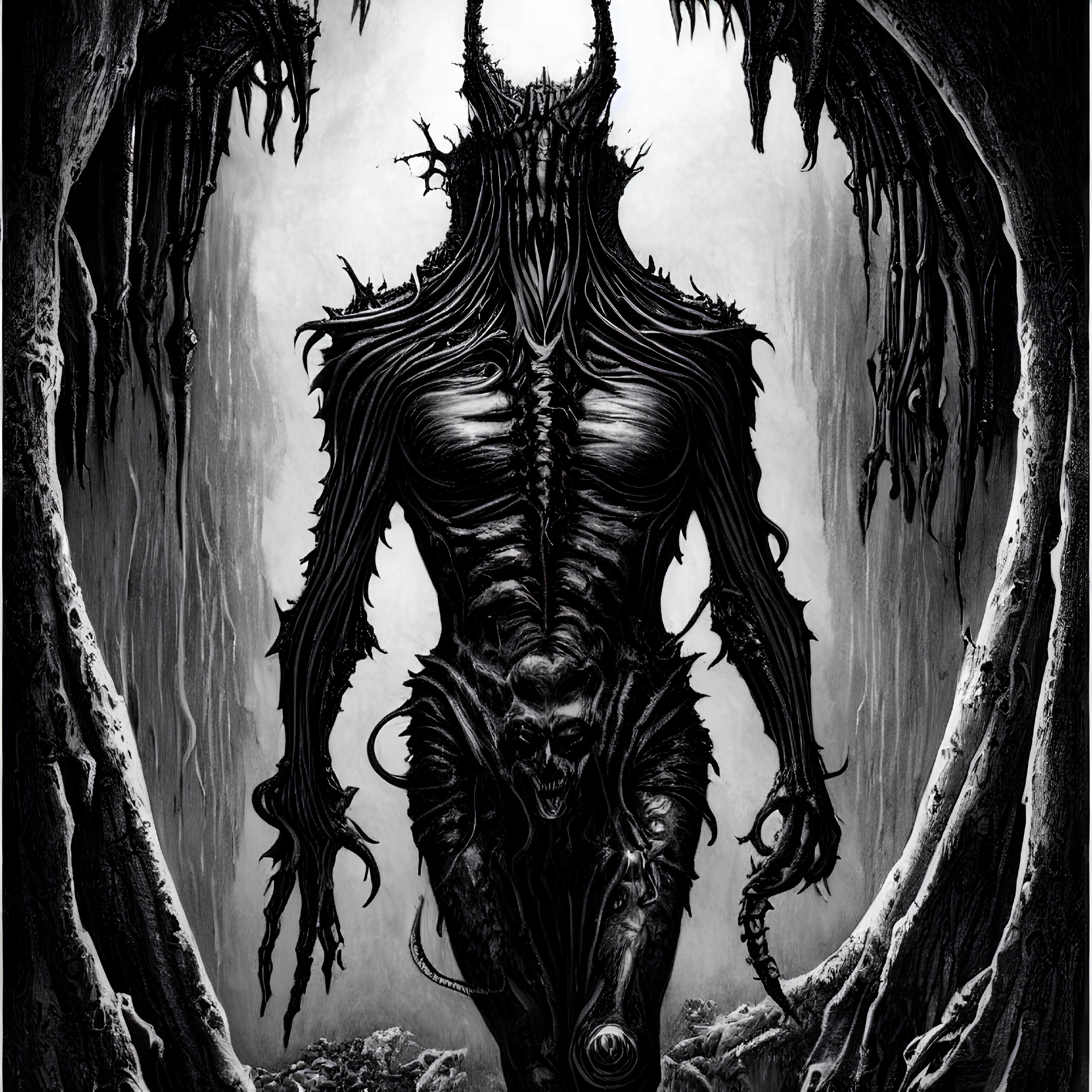 Monochrome fantasy art: Towering sinister figure in dark forest