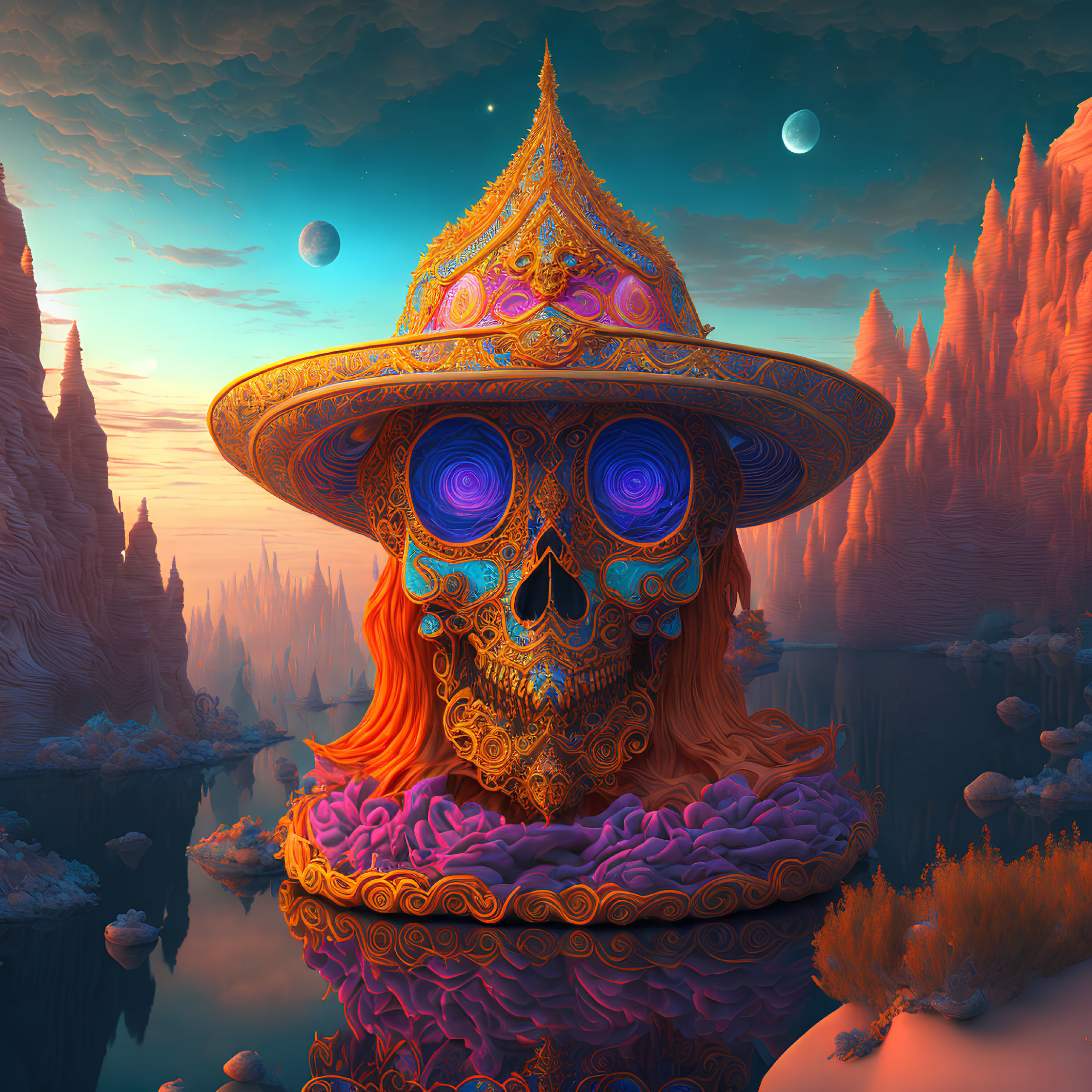 Colorful digital artwork: Skull with blue eyes, golden hat, textured scarf on orange landscape with floating