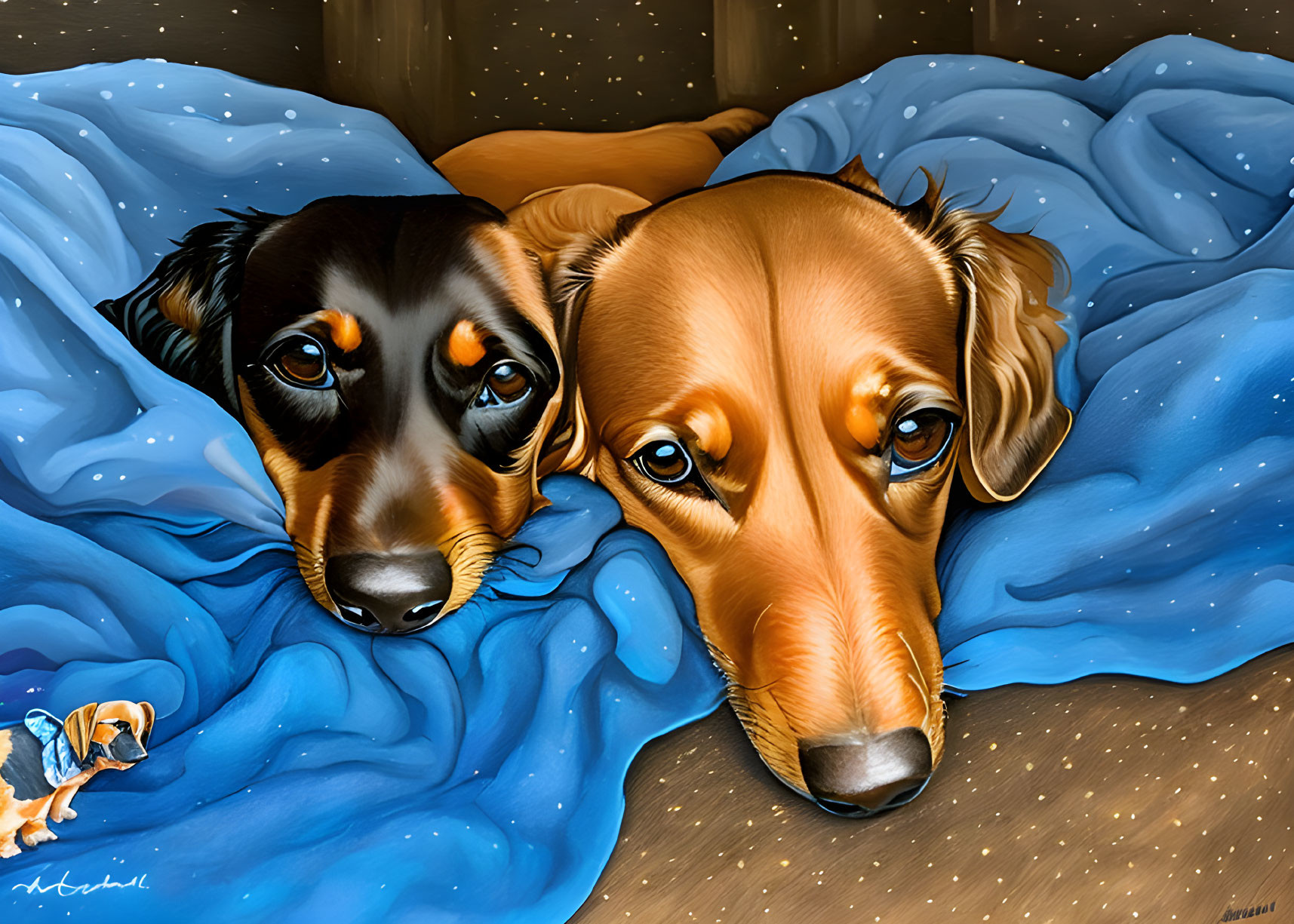 Two dogs on blue blanket with small winged figure illustration