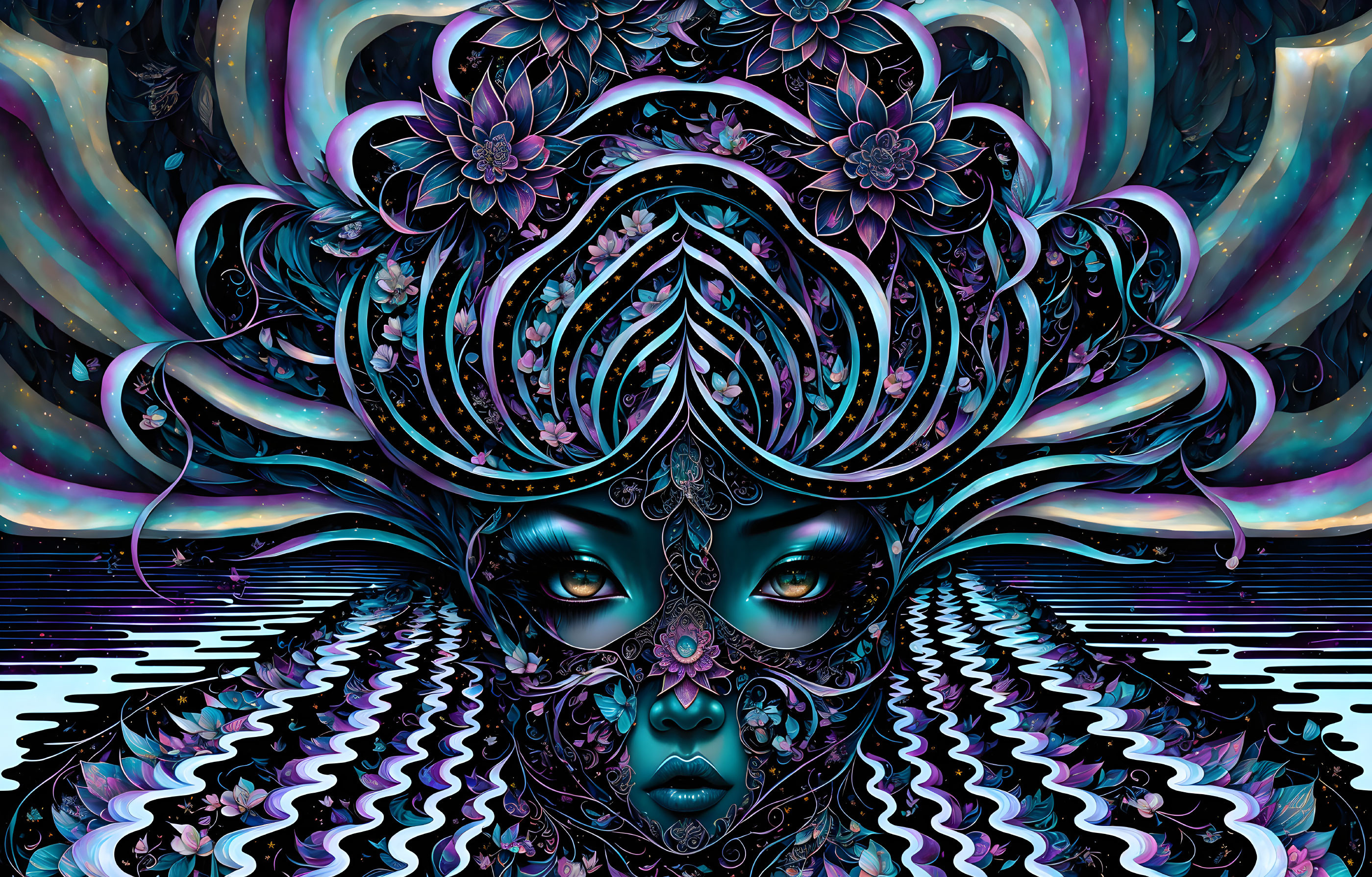 Surreal female figure with ornate headdress on psychedelic background