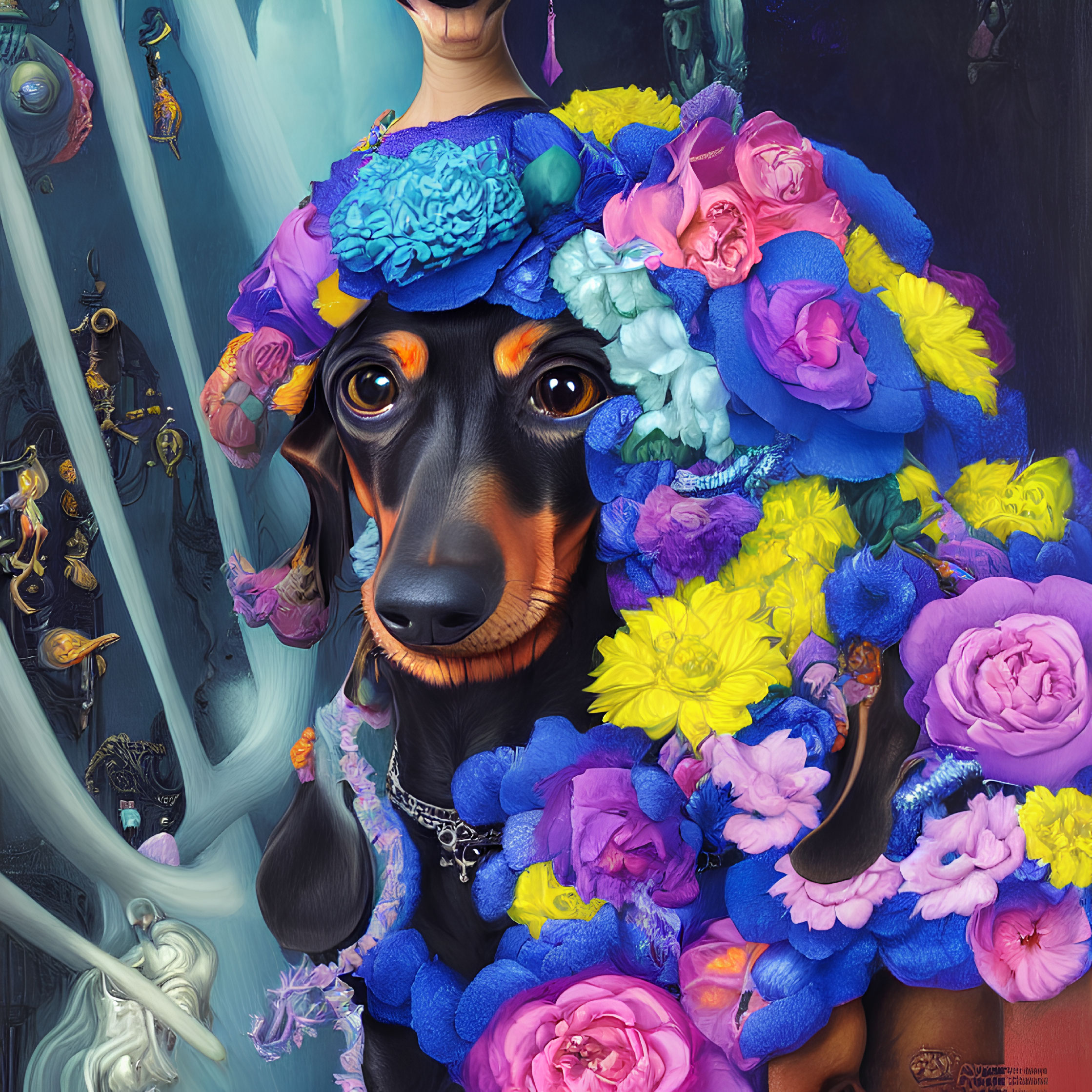 Whimsical black dachshund portrait with blue and purple flowers in surreal setting