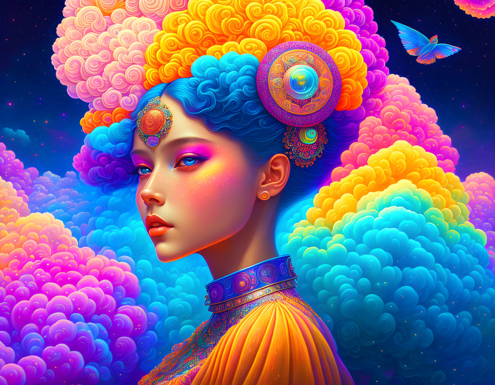 Colorful digital art of a woman with vibrant hair and makeup in whimsical setting.