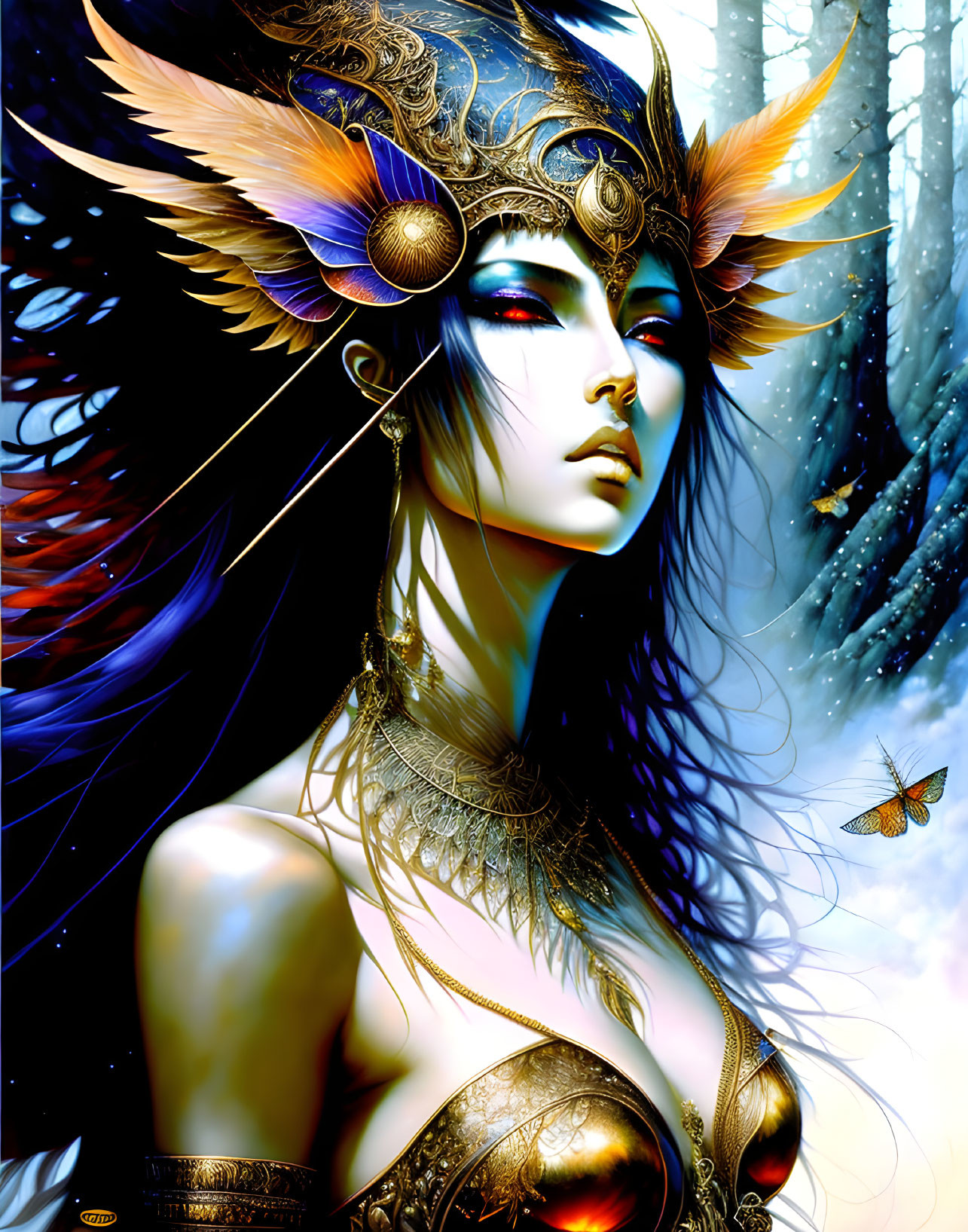 Blue-skinned female figure with golden headdress in snowy forest with butterfly