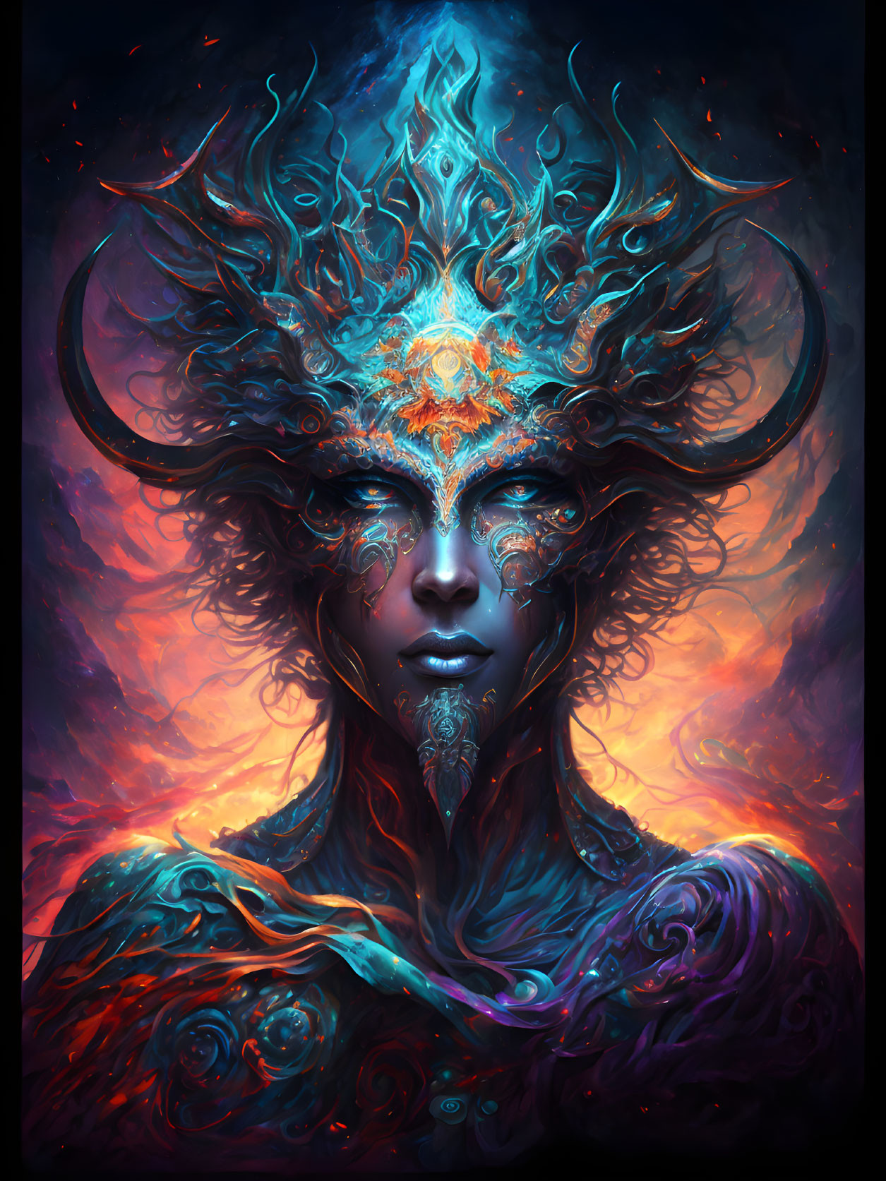 Mystical creature with ornate horns and vivid blue and orange aura