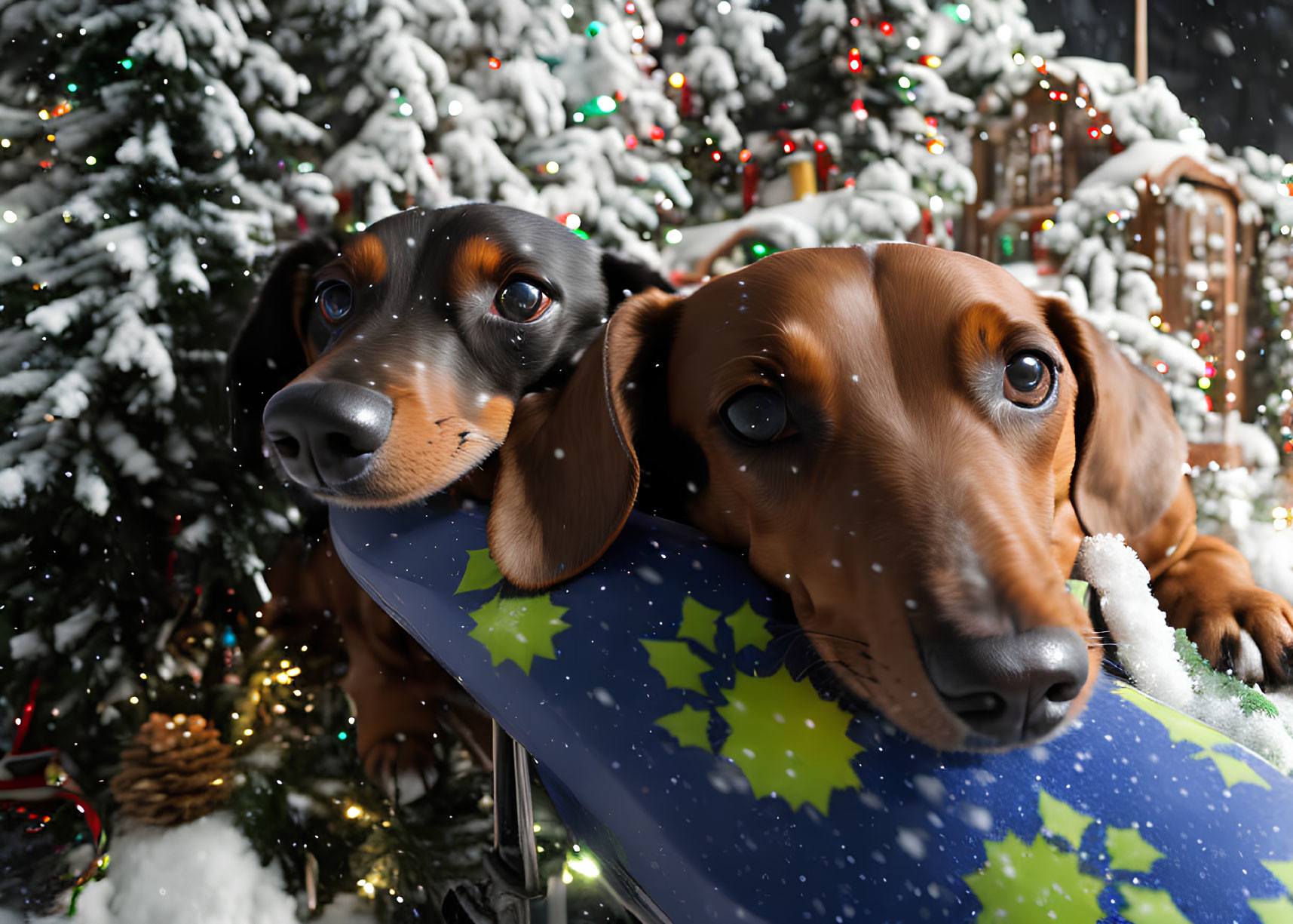 Two Dachshund Dogs on Sled with Christmas Tree and Snow Background