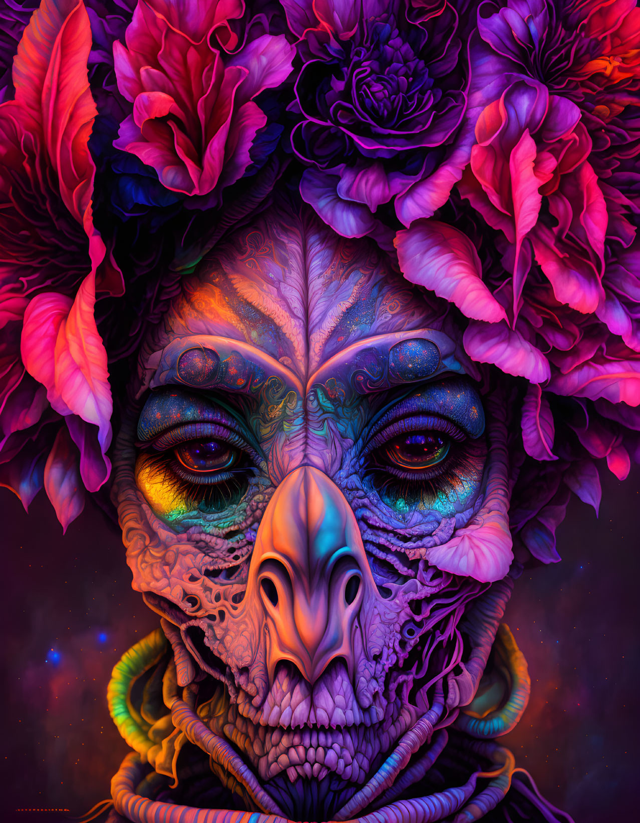 Colorful Skull Artwork with Floral Patterns & Cosmic Colors