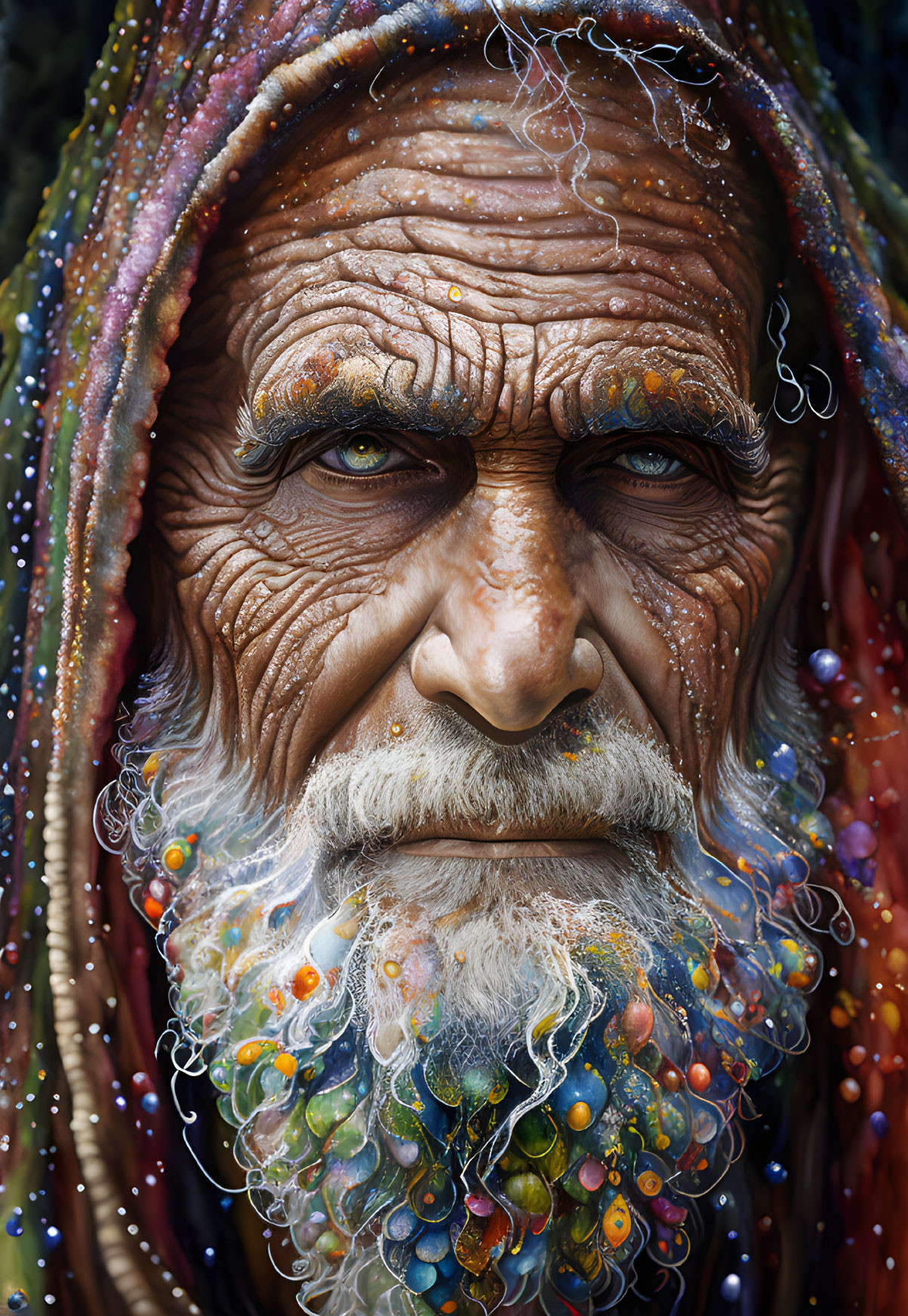 Elderly man with multicolored beard, beads, braids, wrinkles, blue eyes