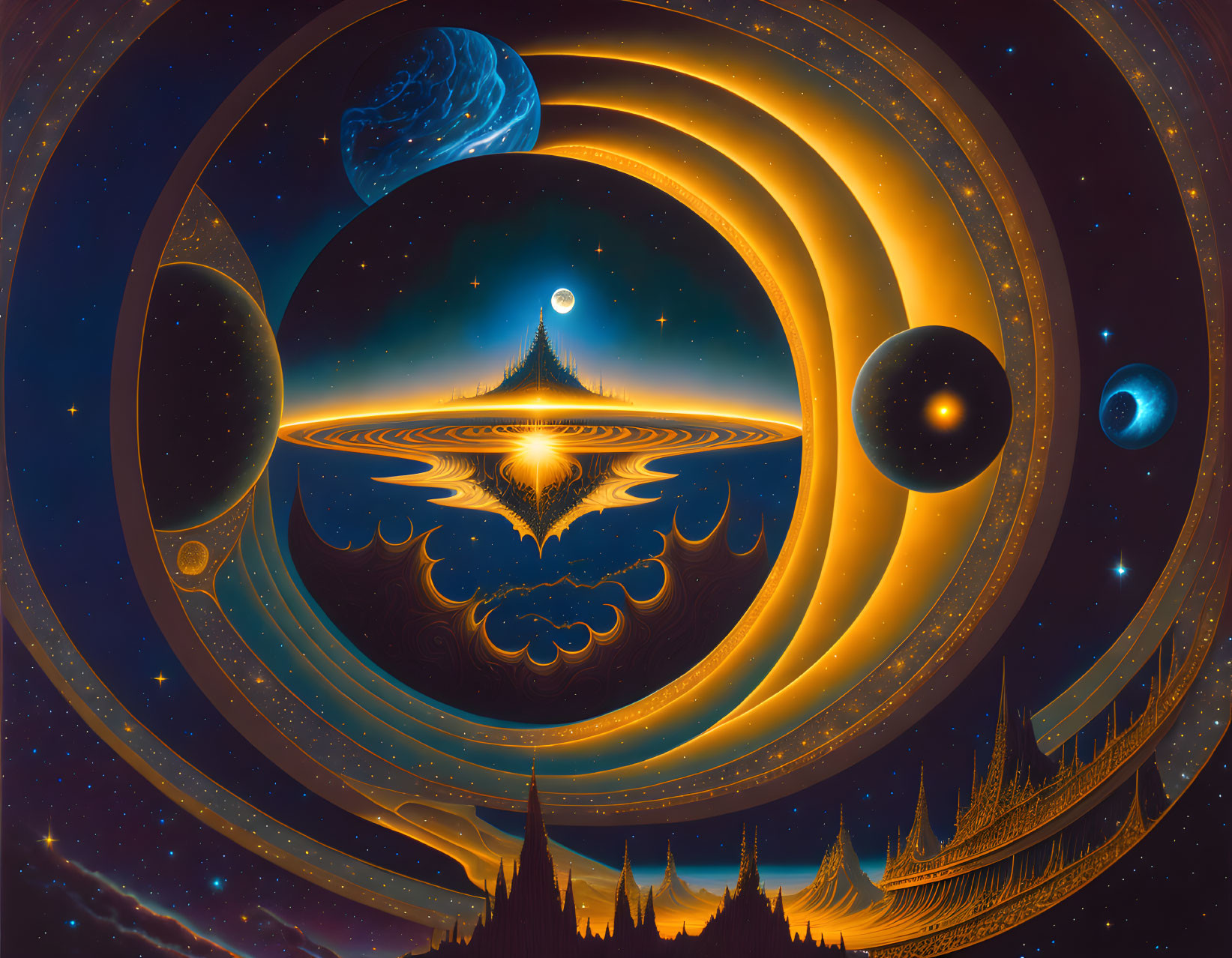 Surreal cosmic illustration with rings, mountain, planets, ship