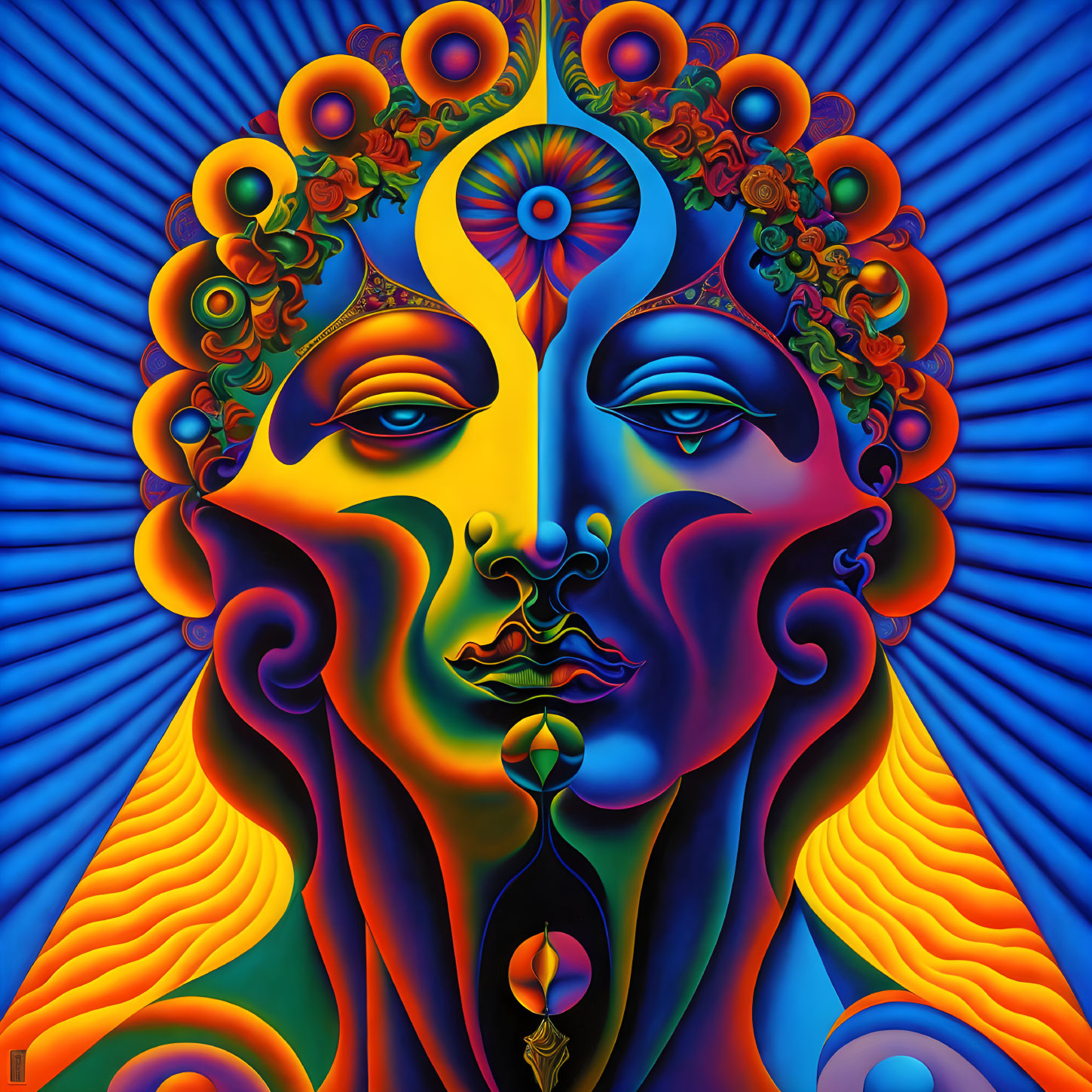 Colorful Psychedelic Artwork: Symmetrical Face Portrait with Flowing Patterns & Third Eye