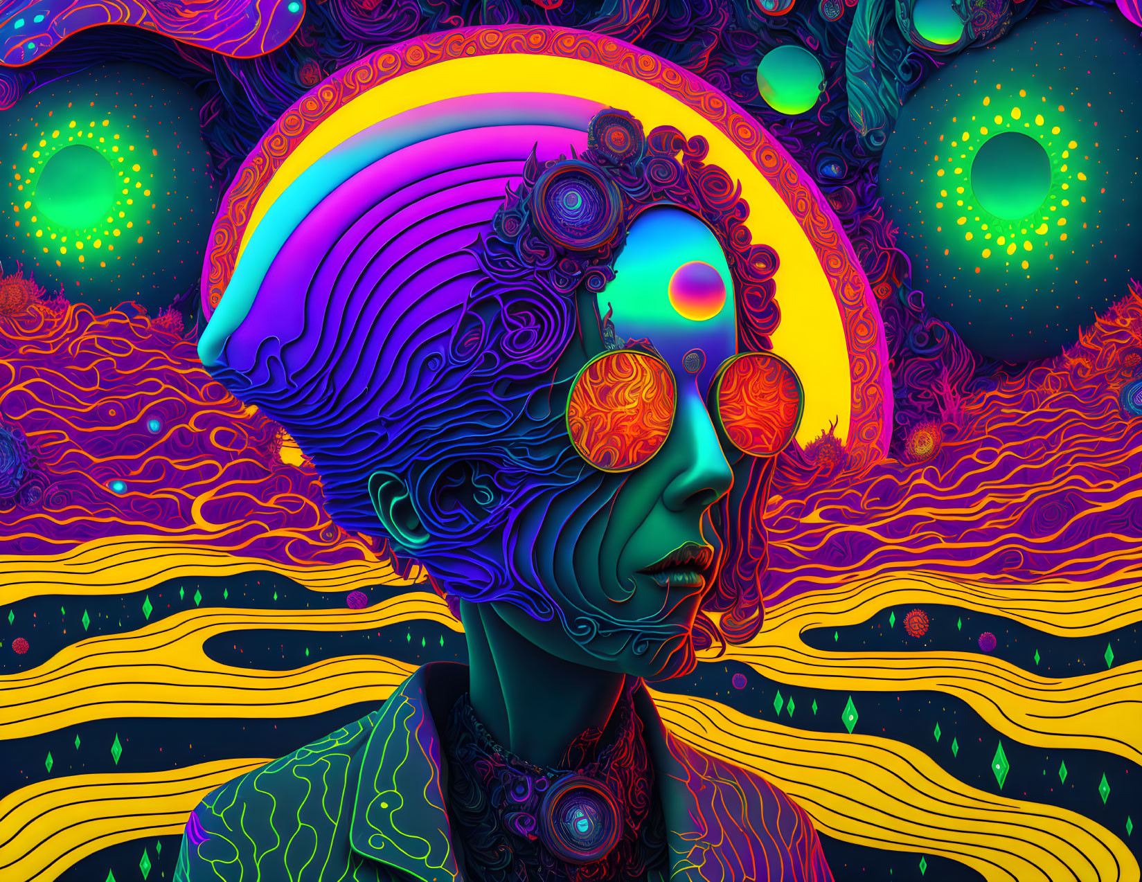 Colorful Psychedelic Portrait with Neon Palette & Spiral Sunglasses