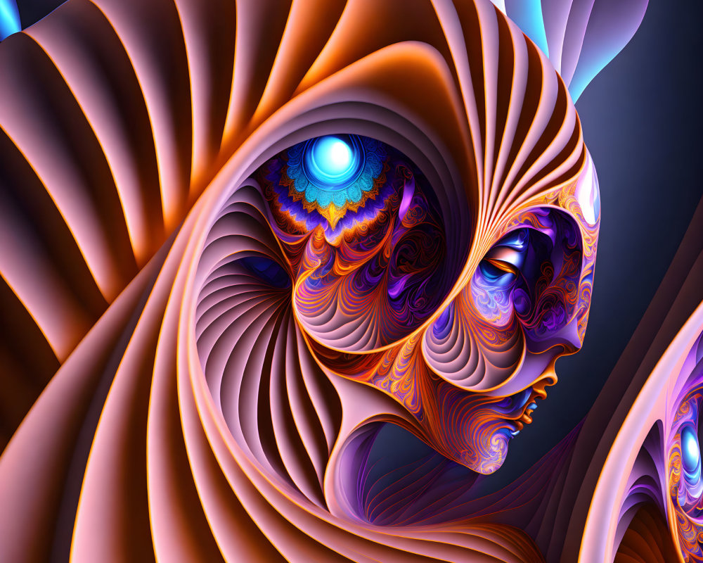 Colorful digital artwork featuring fractal female faces with intricate patterns and luminous eyes