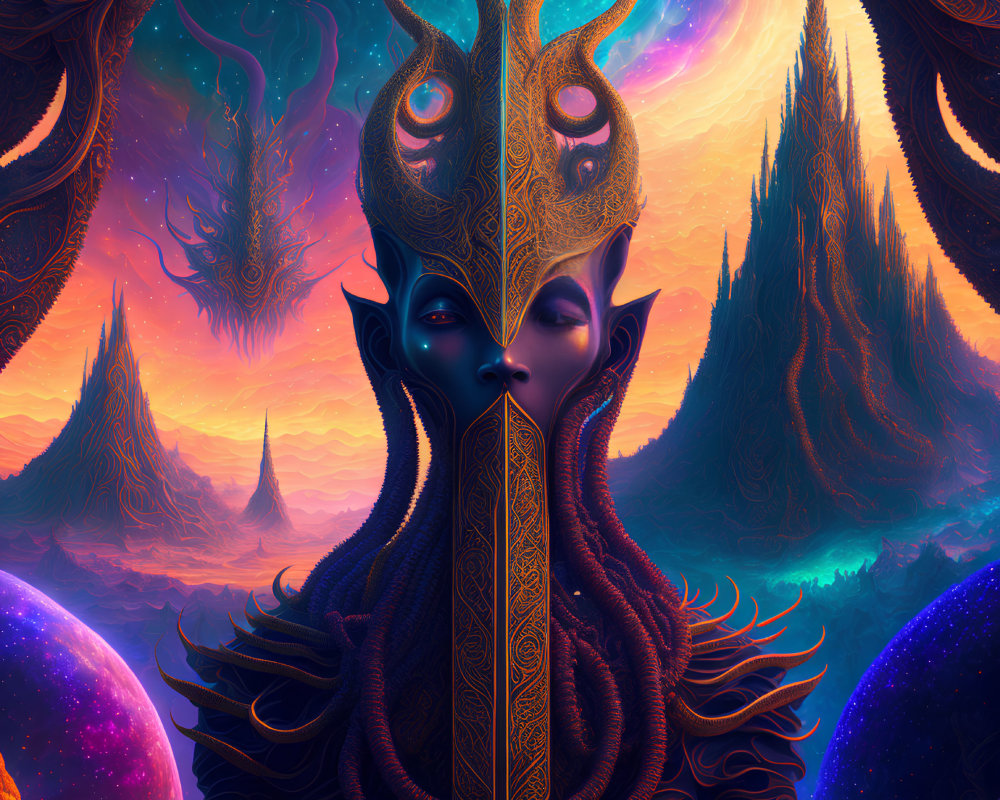 Surrealist humanoid figure in ornate headgear on vibrant alien landscape